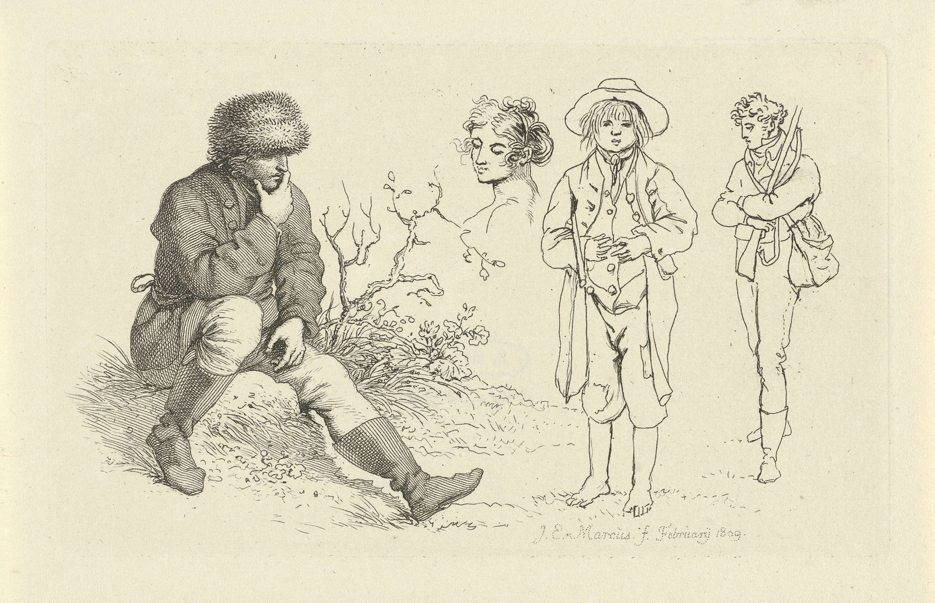 Studieblad met een zittende man, twee figuren en een kop by Jacob Ernst Marcus