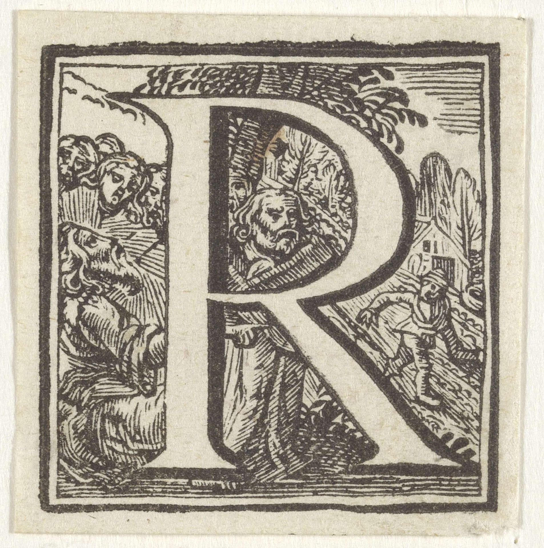 Letter R in een omlijsting met een bijbelse voorstelling by Anonymous