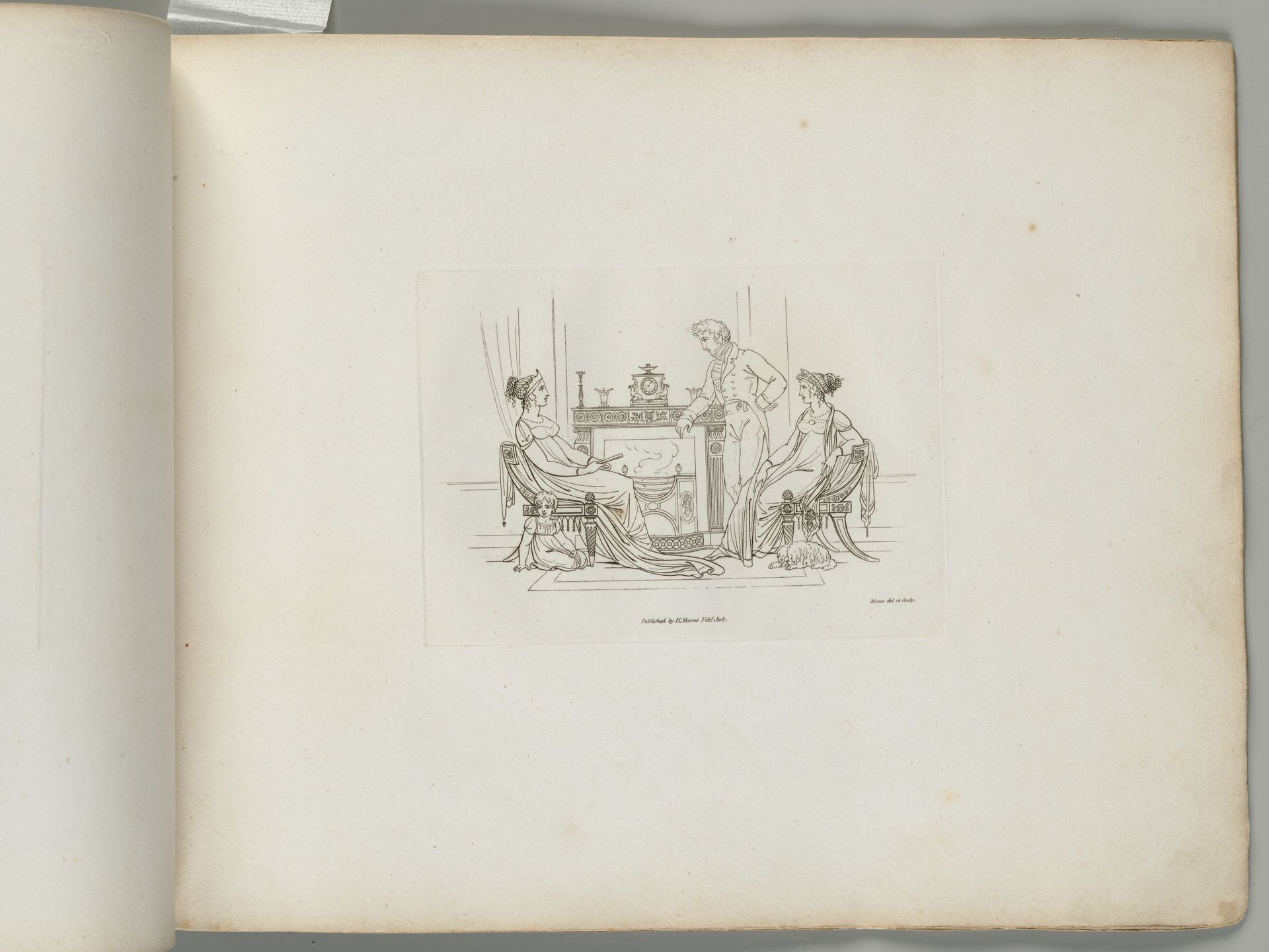 A Man, Two Women, a Child, and a Dog by a Fireplace (from Sketches in Outline) by Henry Moses