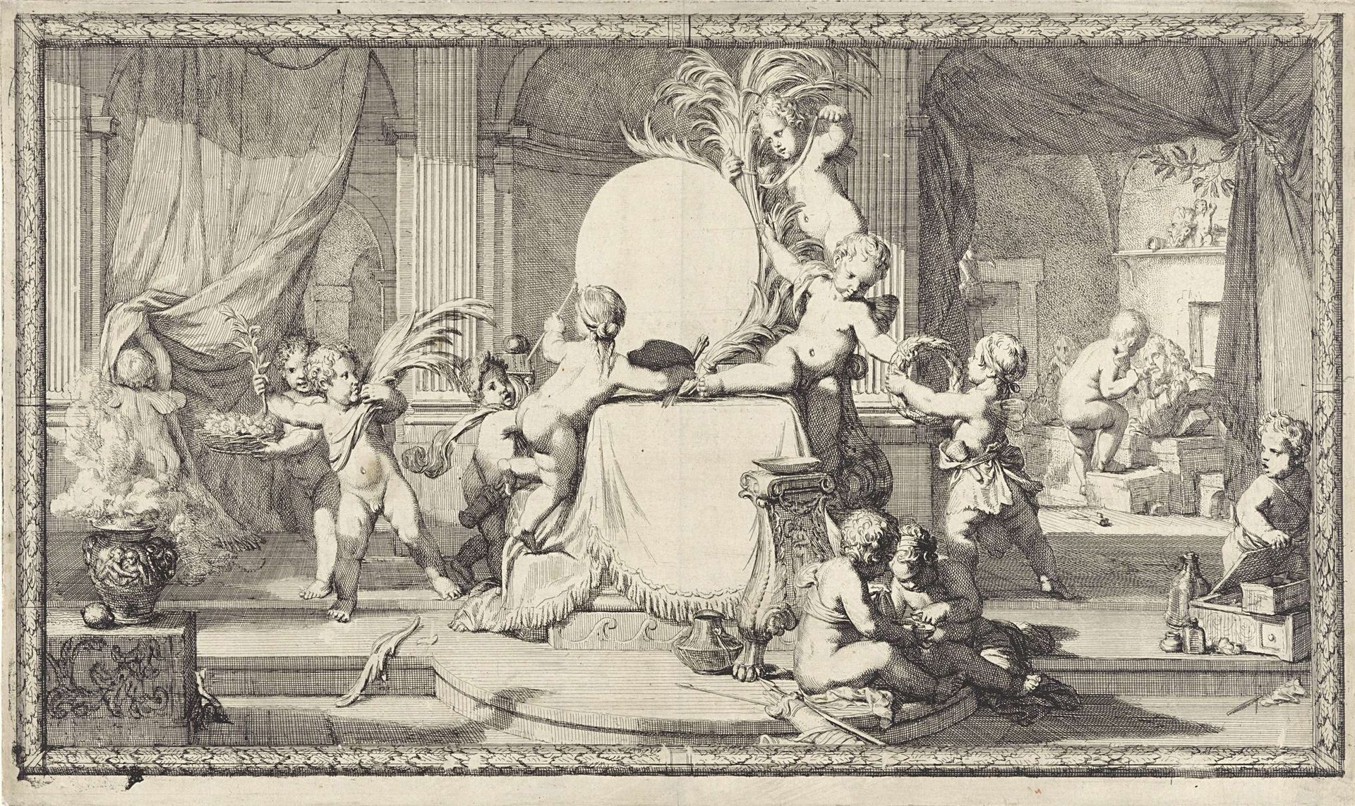 Voetstuk door putti versierd by Gerard de Lairesse