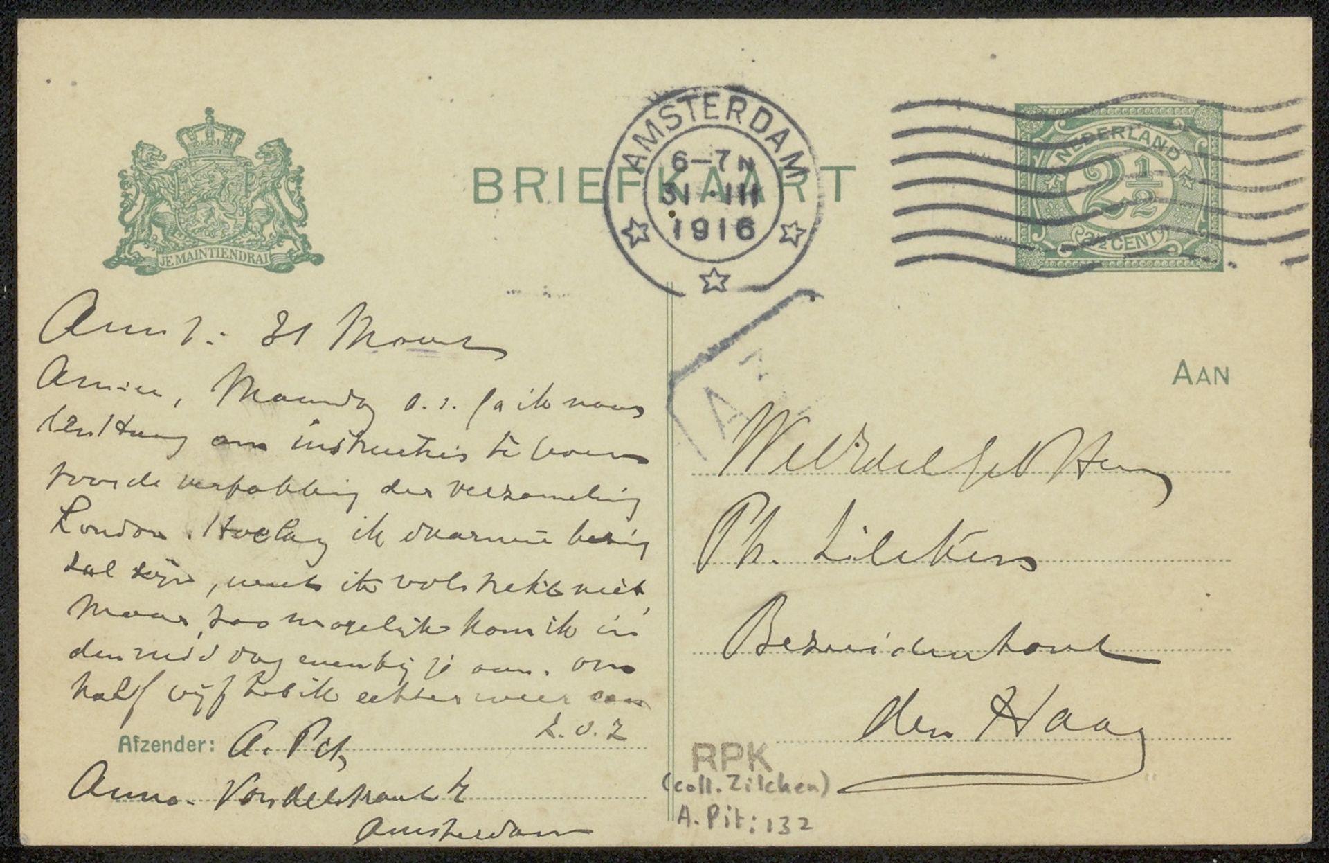 Briefkaart aan Philip Zilcken by Adriaan Pit