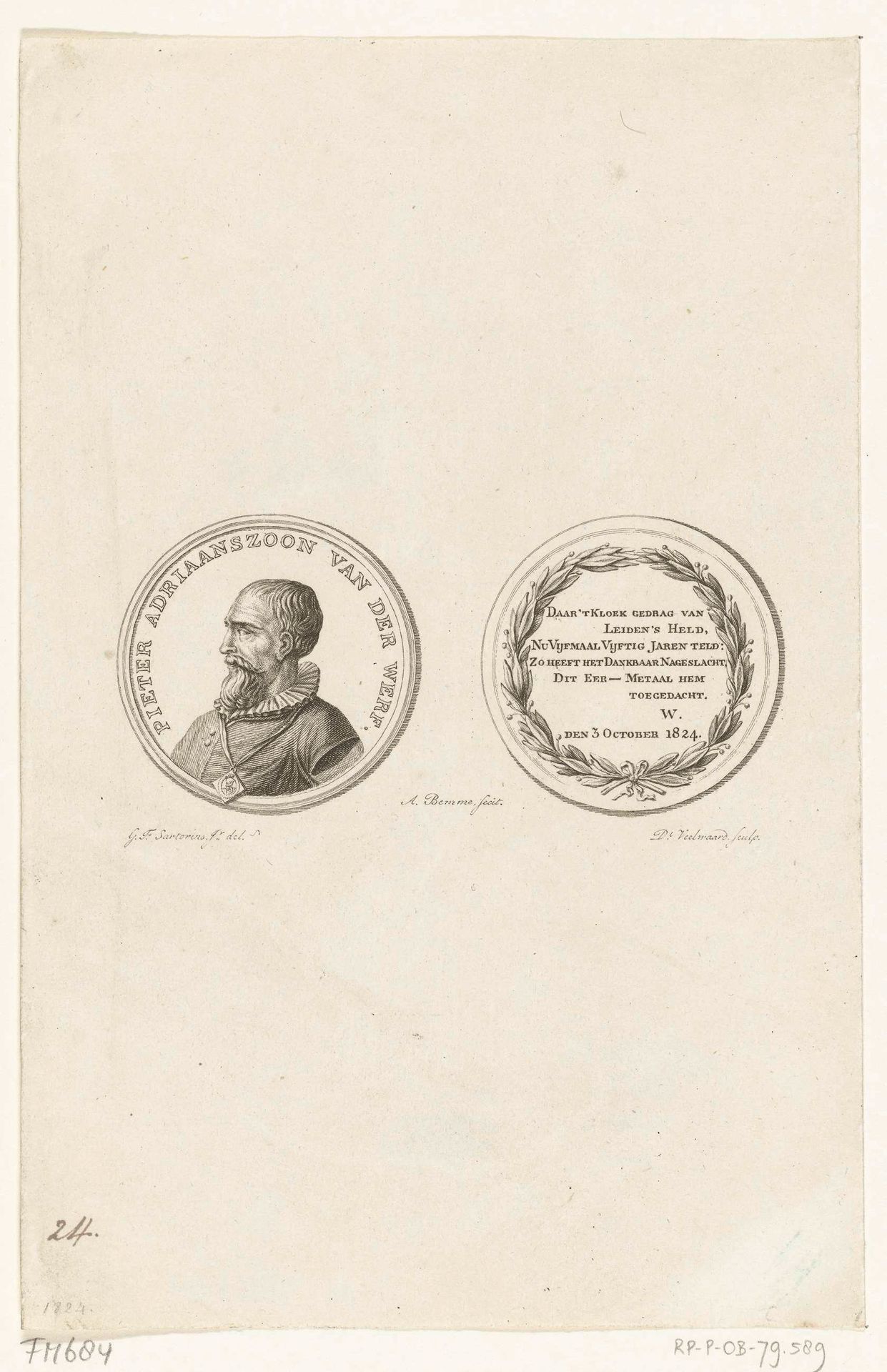 Penning van de stad Leiden, ter ere van Pieter Adriaansz. van der Werff, 1824 by Daniël (I) Veelwaard