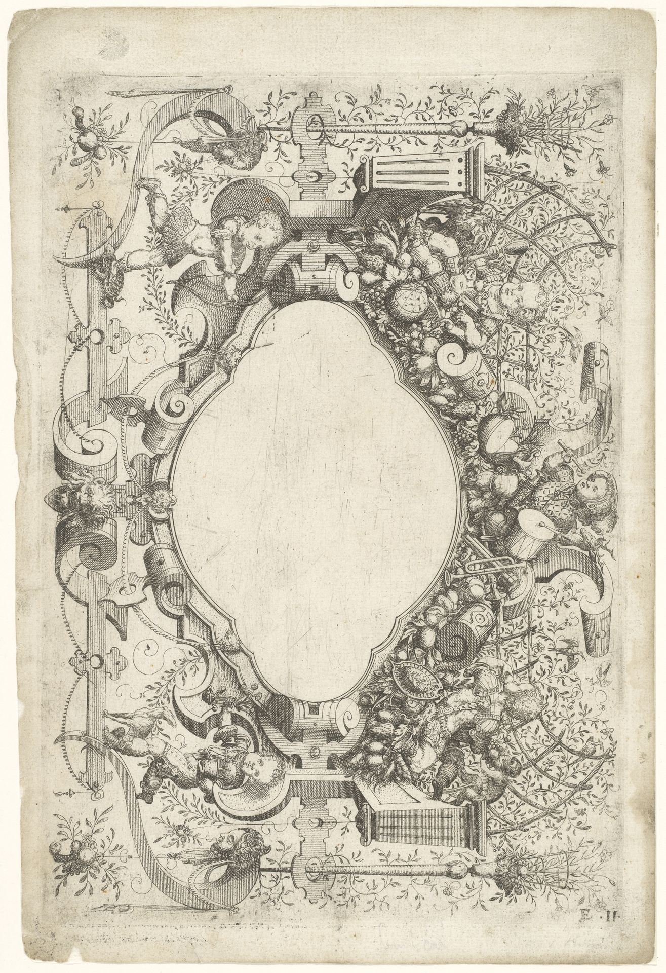 Titelpagina met cartouche met rolwerk, omgeven door spelende putti te midden van flora en fauna by Jost Amman