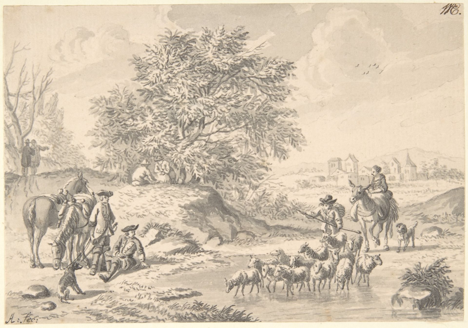 Landscape with Resting Cavaliers and a Shepherd with his Flock by Nicolaas Aartman