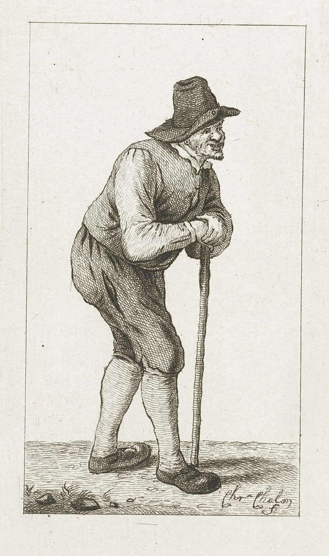 Man leunend op stok by Pieter de Mare