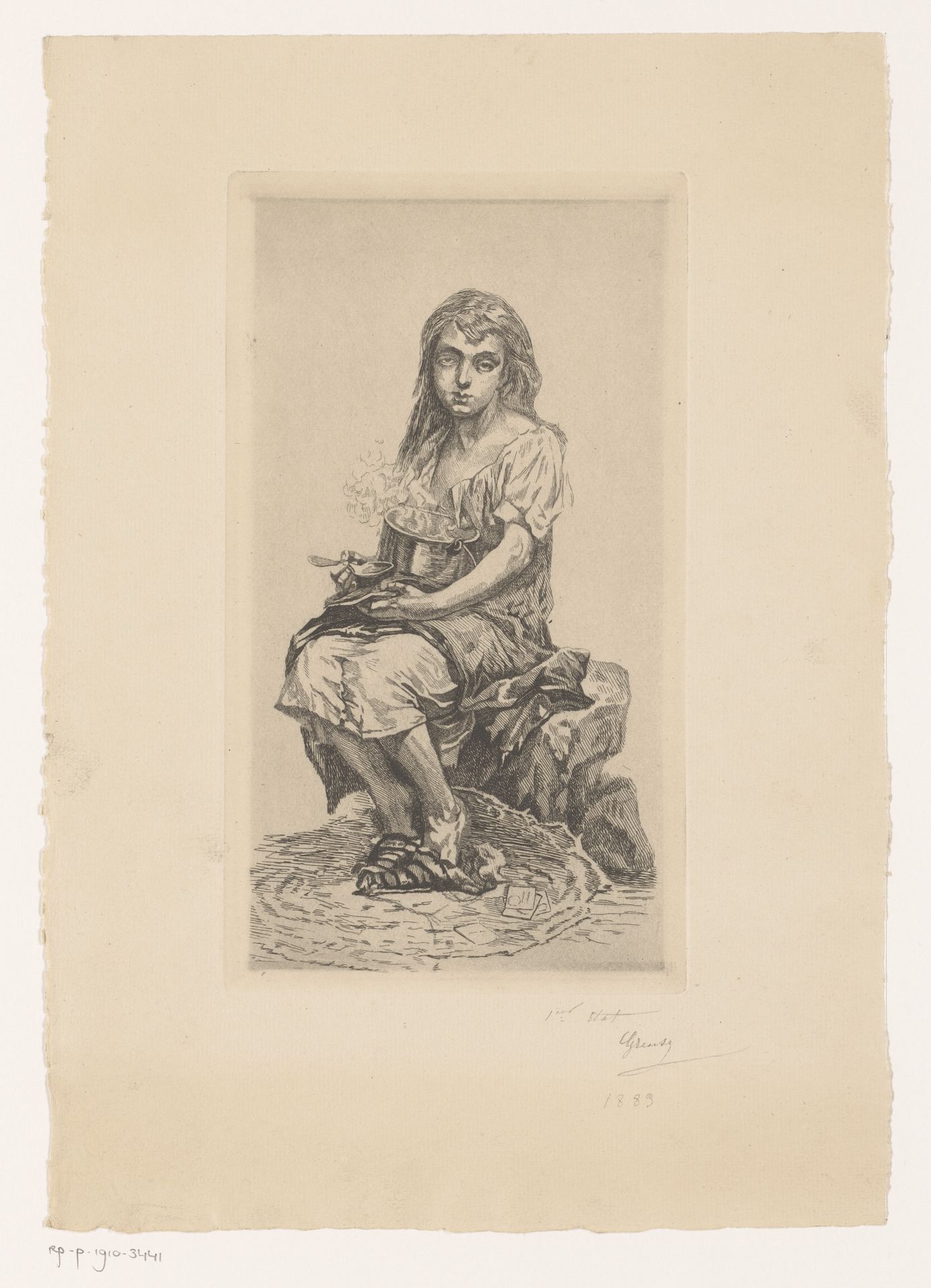 Zittend meisje eet uit een dampende kookpot by Louis Joseph Greuse