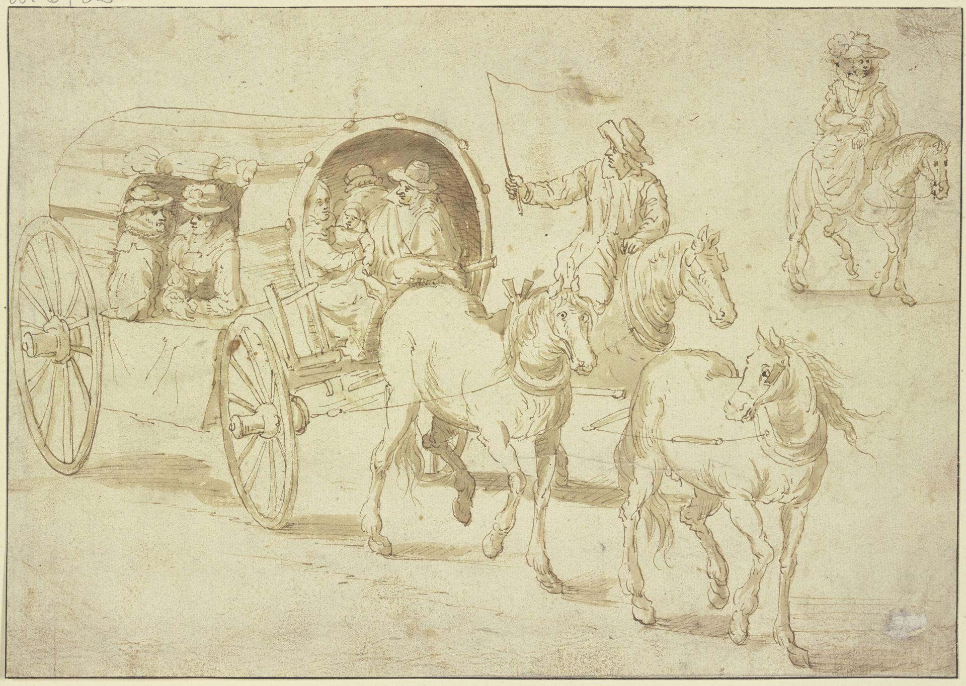 Geschlossener Planwagen mit Passagieren und eine Reiterin by Jan Brueghel the Elder