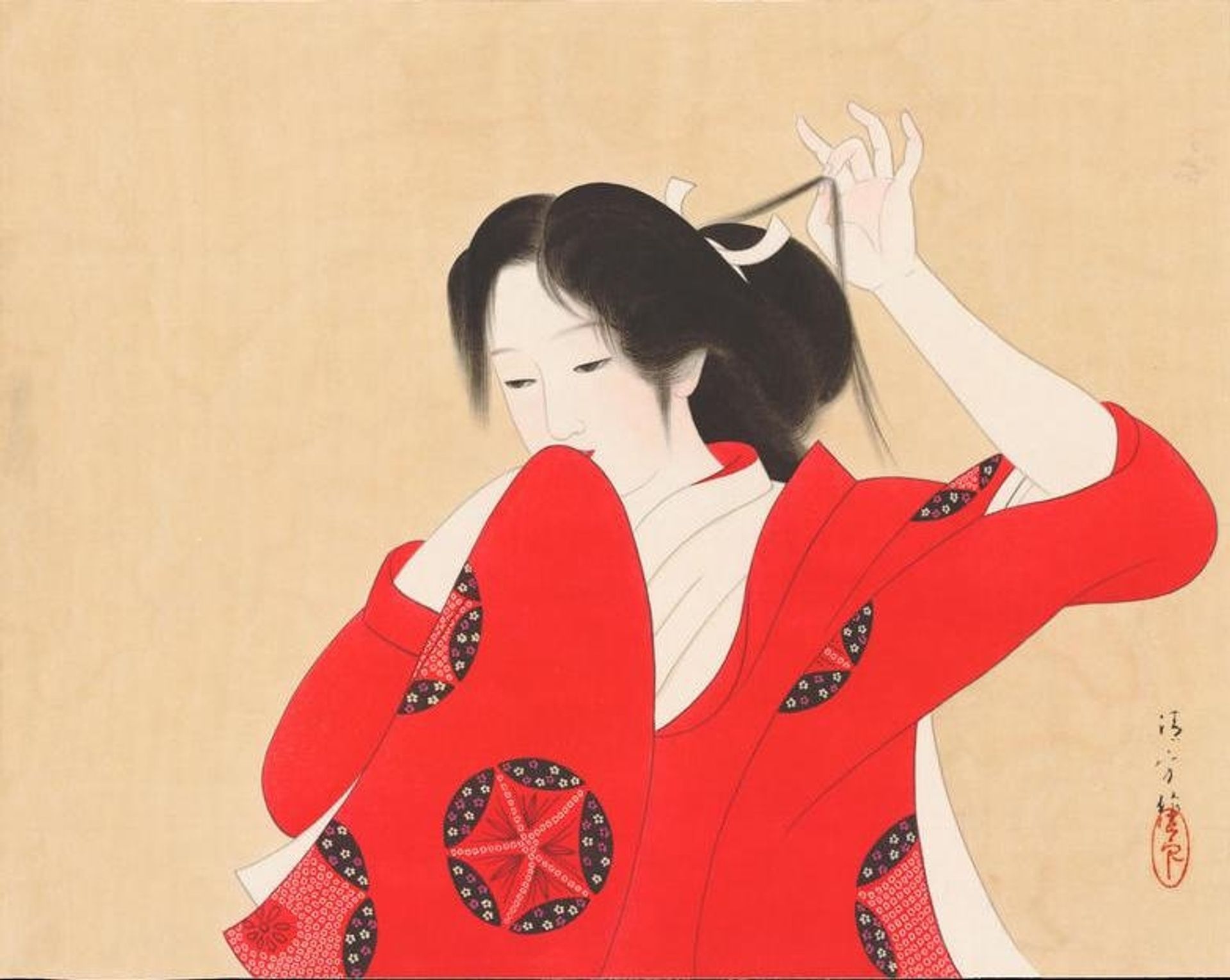 Bijin in Red Kimono by Kiyokata Kaburagi