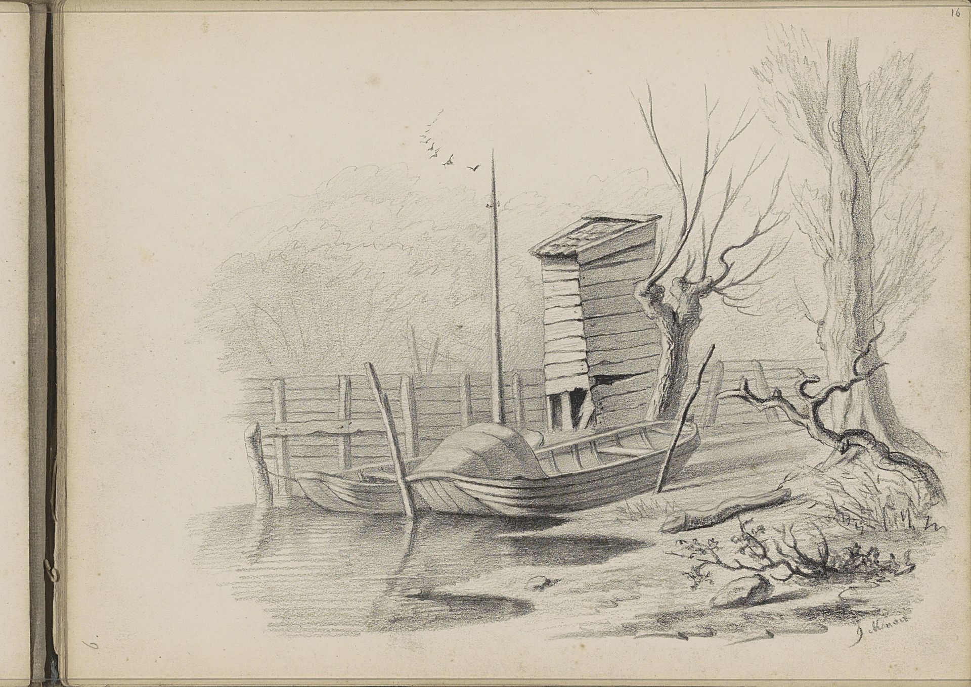 Roeiboten aan een waterkant met bomen en een hek by Willem Cornelis Rip