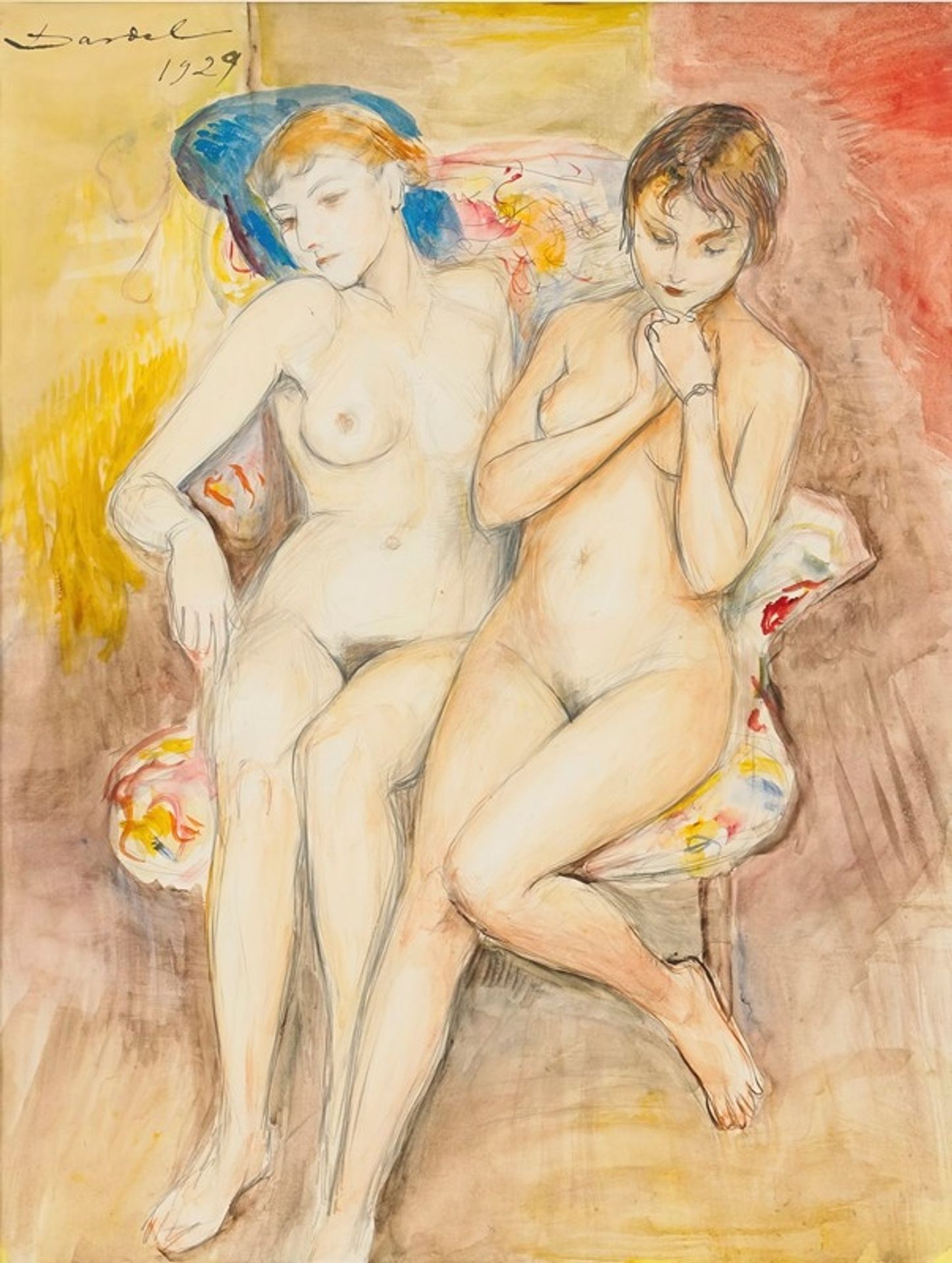 Two girls in a chair by Nils Dardel