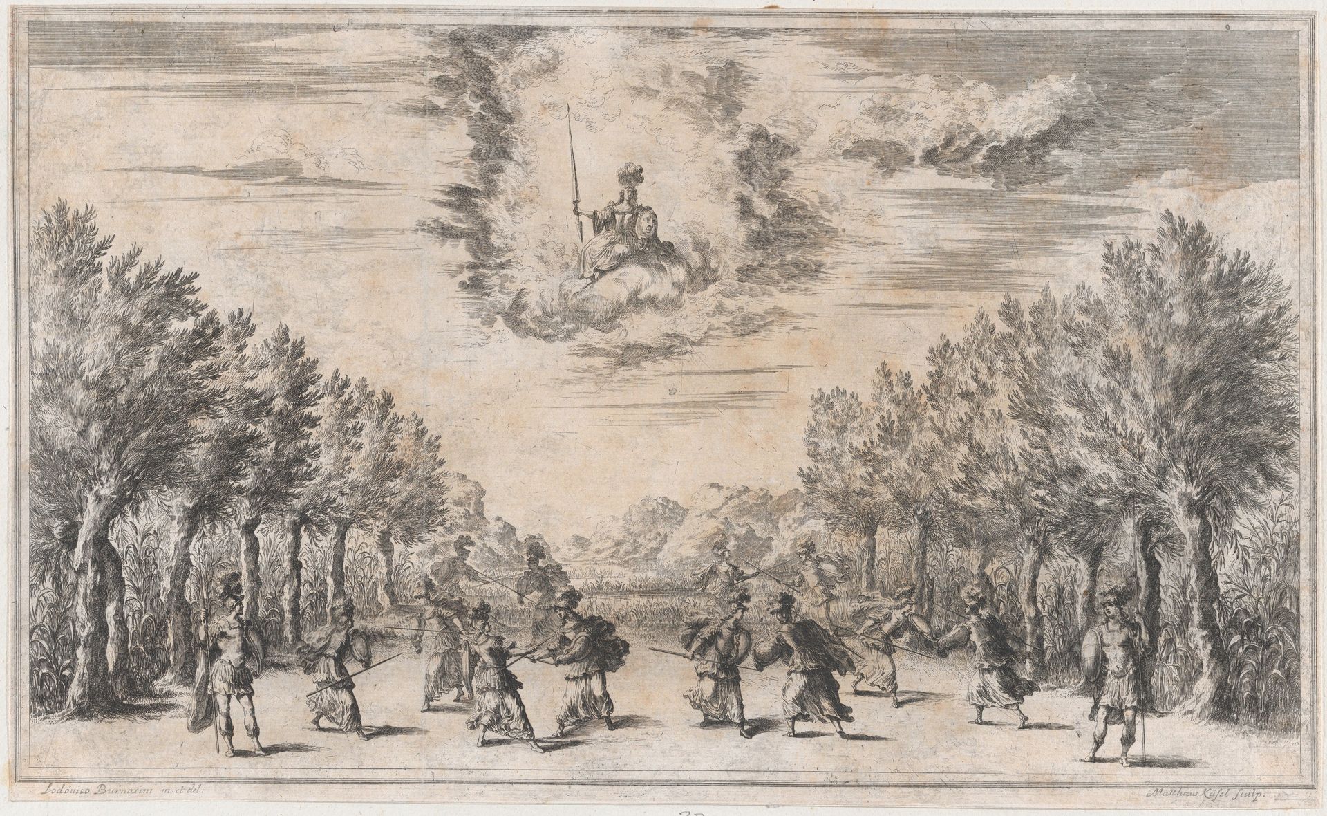 Marsh of Triton; figures battling as Minerva looks on from above; set design from 'Il Pomo D'Oro' by Mathäus Küsel