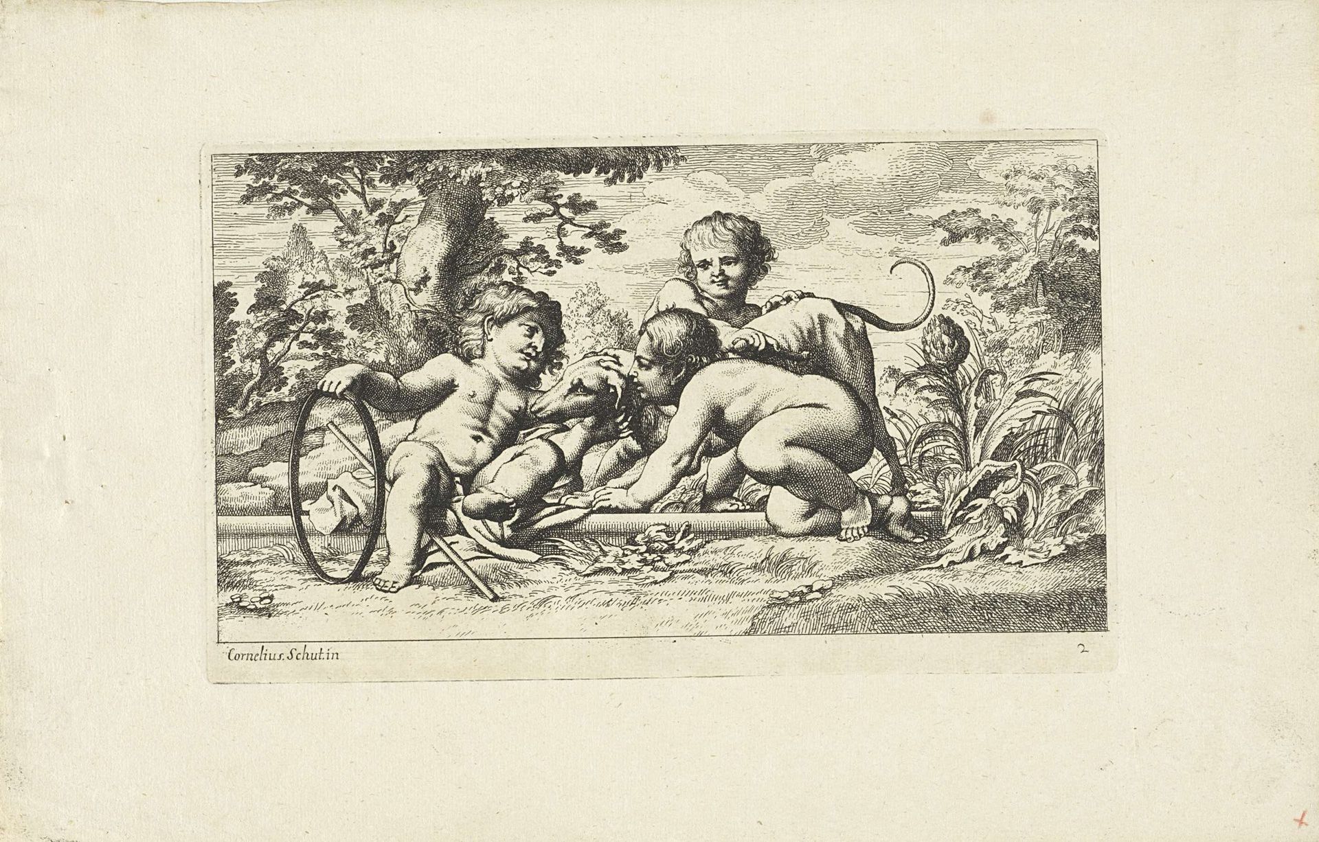 Drie putti spelen met een hond by Anonymous
