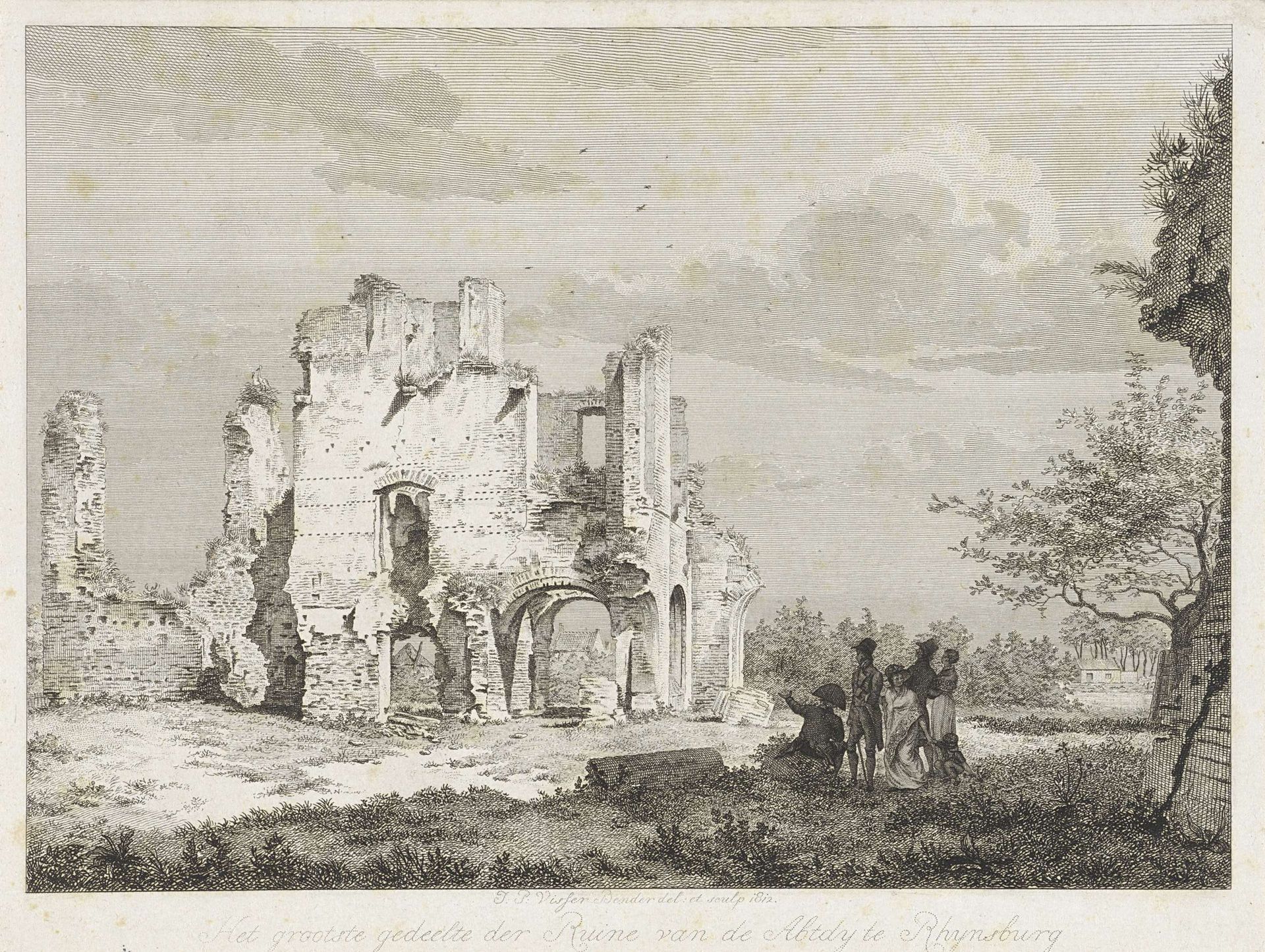 Gezelschap bij de ruïne van de abdij te Rijnsburg by Joannes Pieter Visser Bender