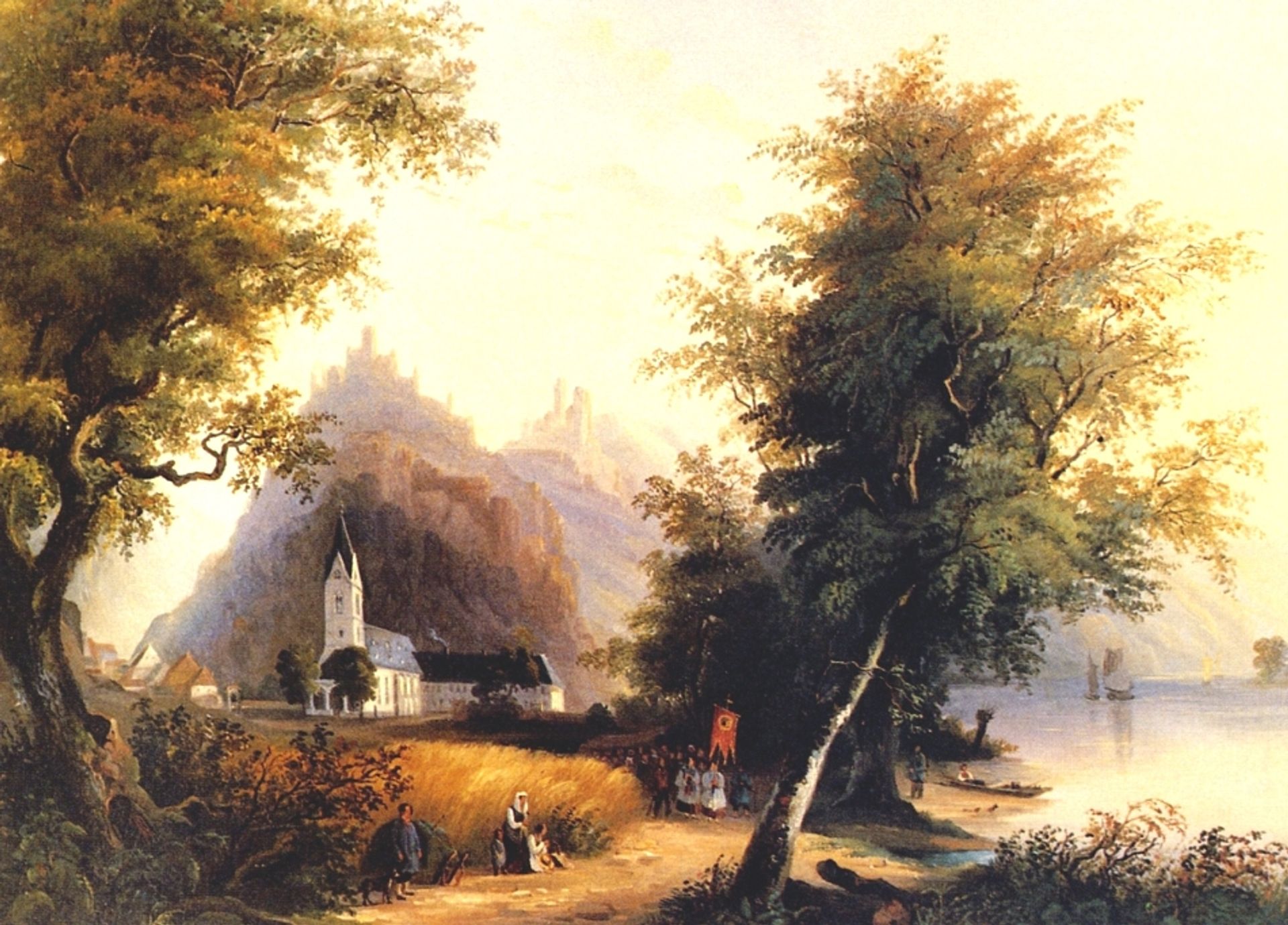 The 'Enemy brothers' in Bornhofen on the Rhine with a convent and village view by Karl Bodmer