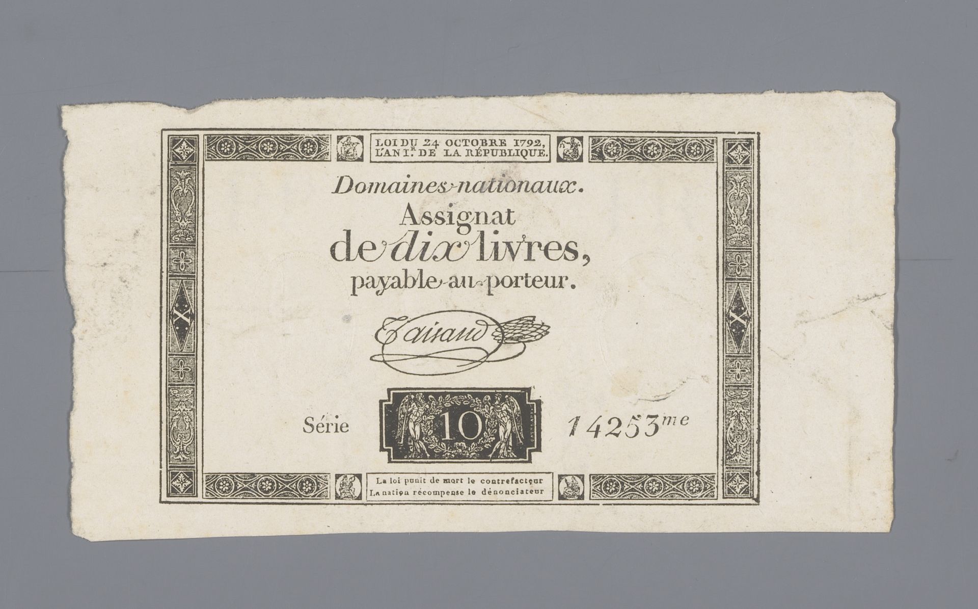 Assignat van tien livres, serie 14253 uitgegeven 24 oktober 1792 by Anonymous