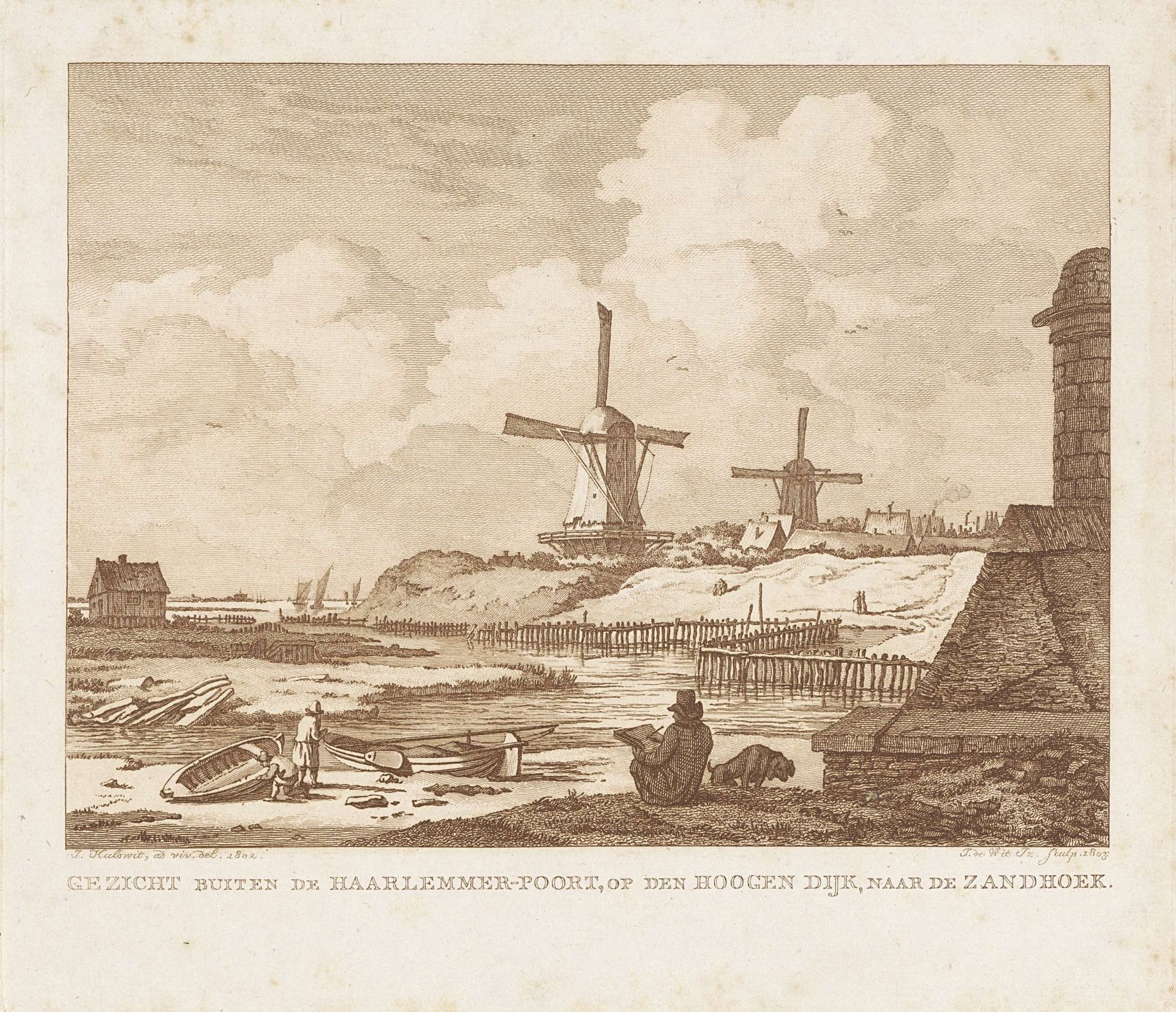 Gezicht buiten de Haarlemmerpoort te Amsterdam met een zittende tekenaar by Izaak Jansz. de Wit