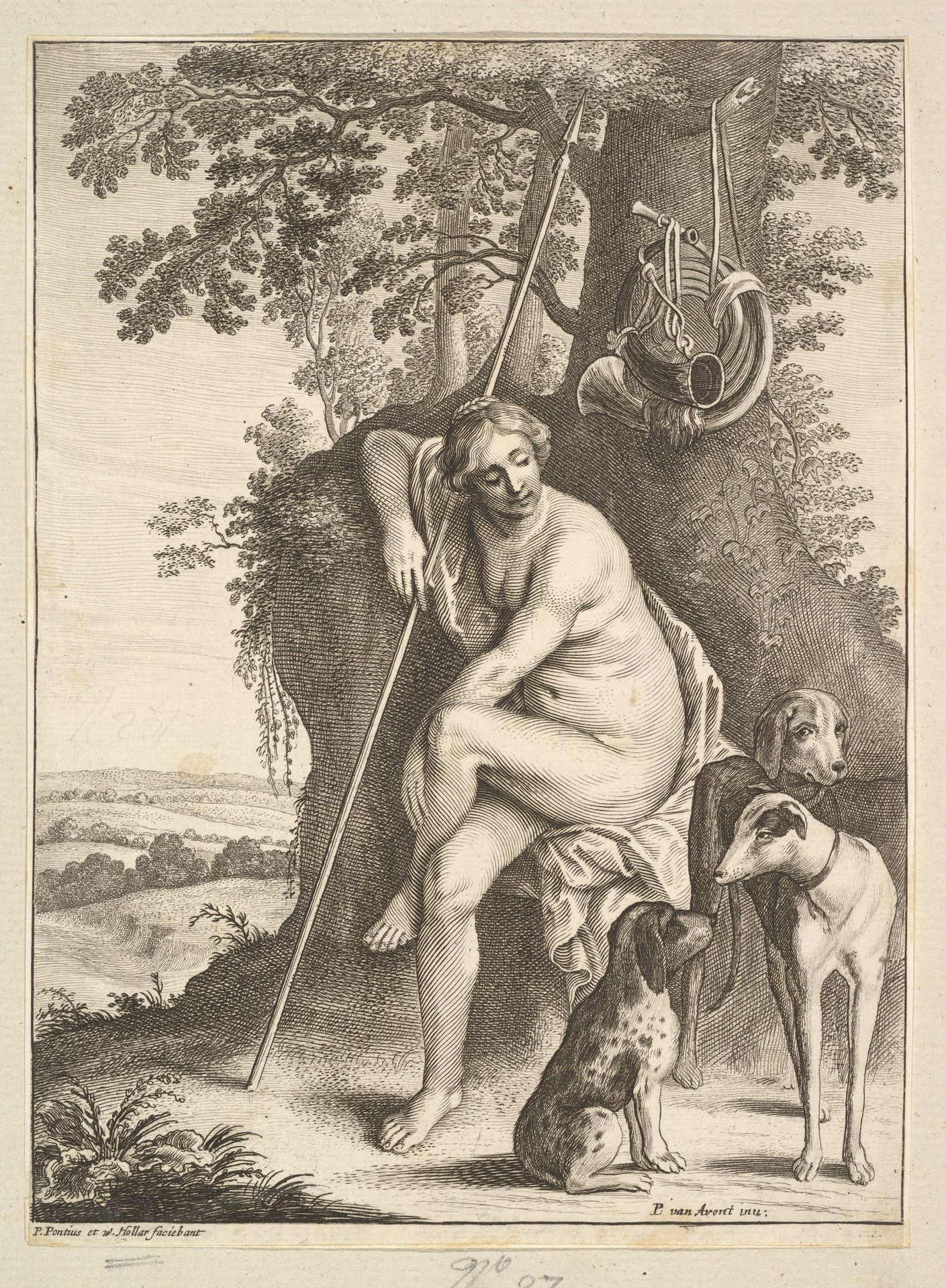 Seated figure of Diana the huntress by Wenceslaus Hollar