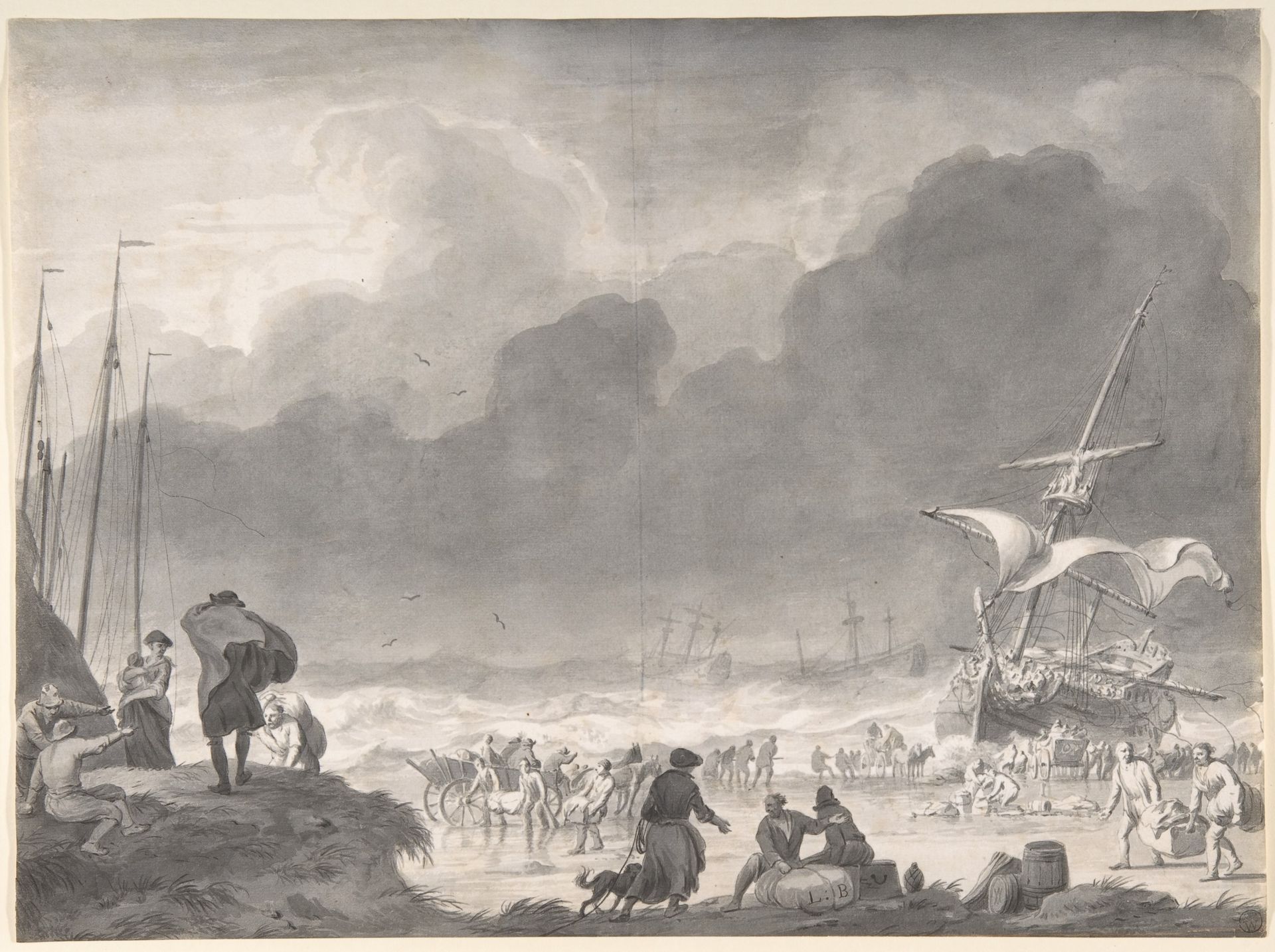 A Ship Wrecked on a Shore on a Stormy Night, with Survivors Salvaging Their Goods by Ludolf Backhuysen
