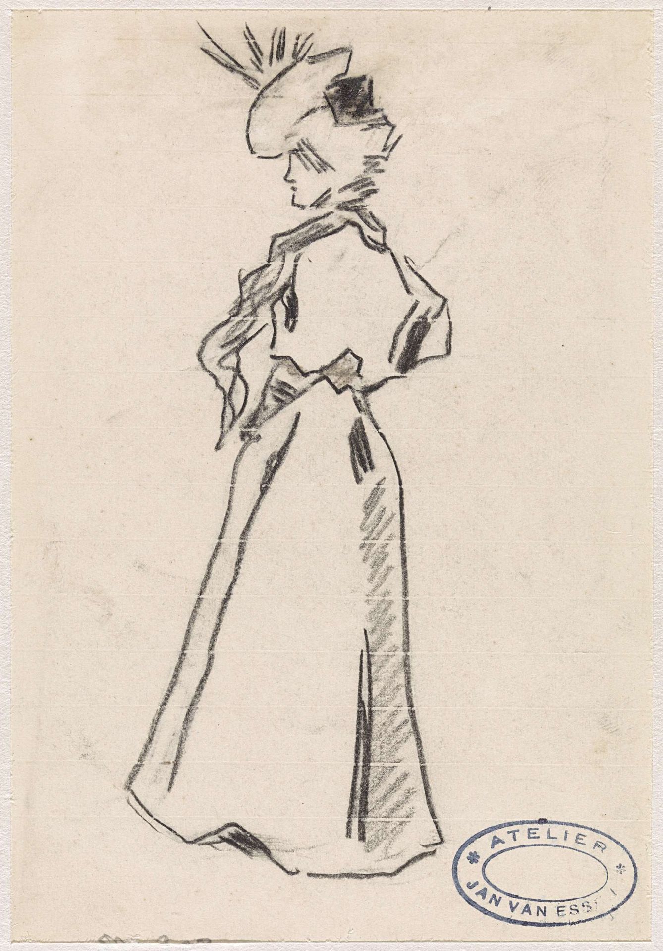 Staande dame, met hoge hoed en de handen in de zij by Jan van Essen