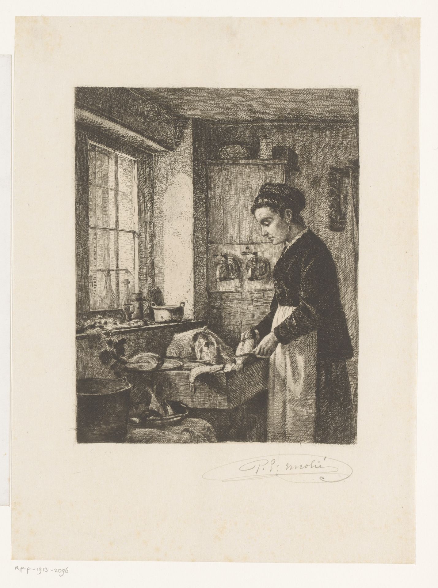 Vrouw bereidt vis in een keuken by Paul Emile Nicolié