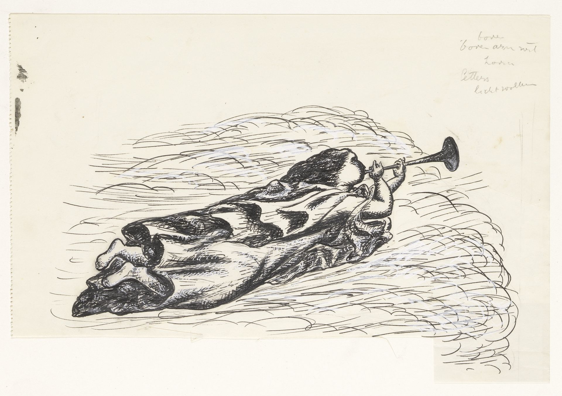Vrouw met trompet, zwevend op wolken by Leo Gestel