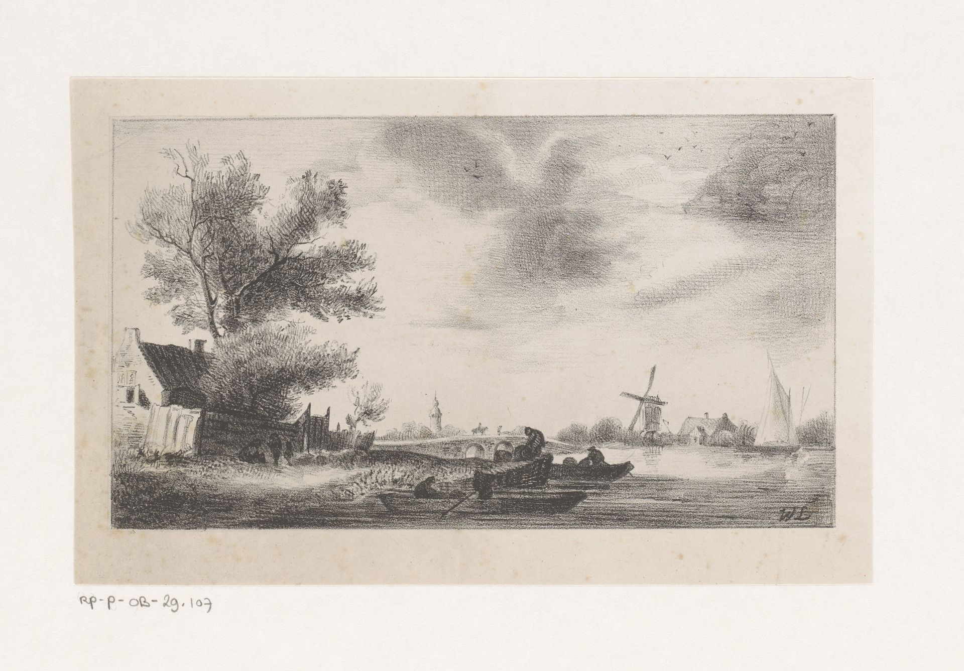 Riviergezicht met boten en windmolen by Martinus W. Liernur