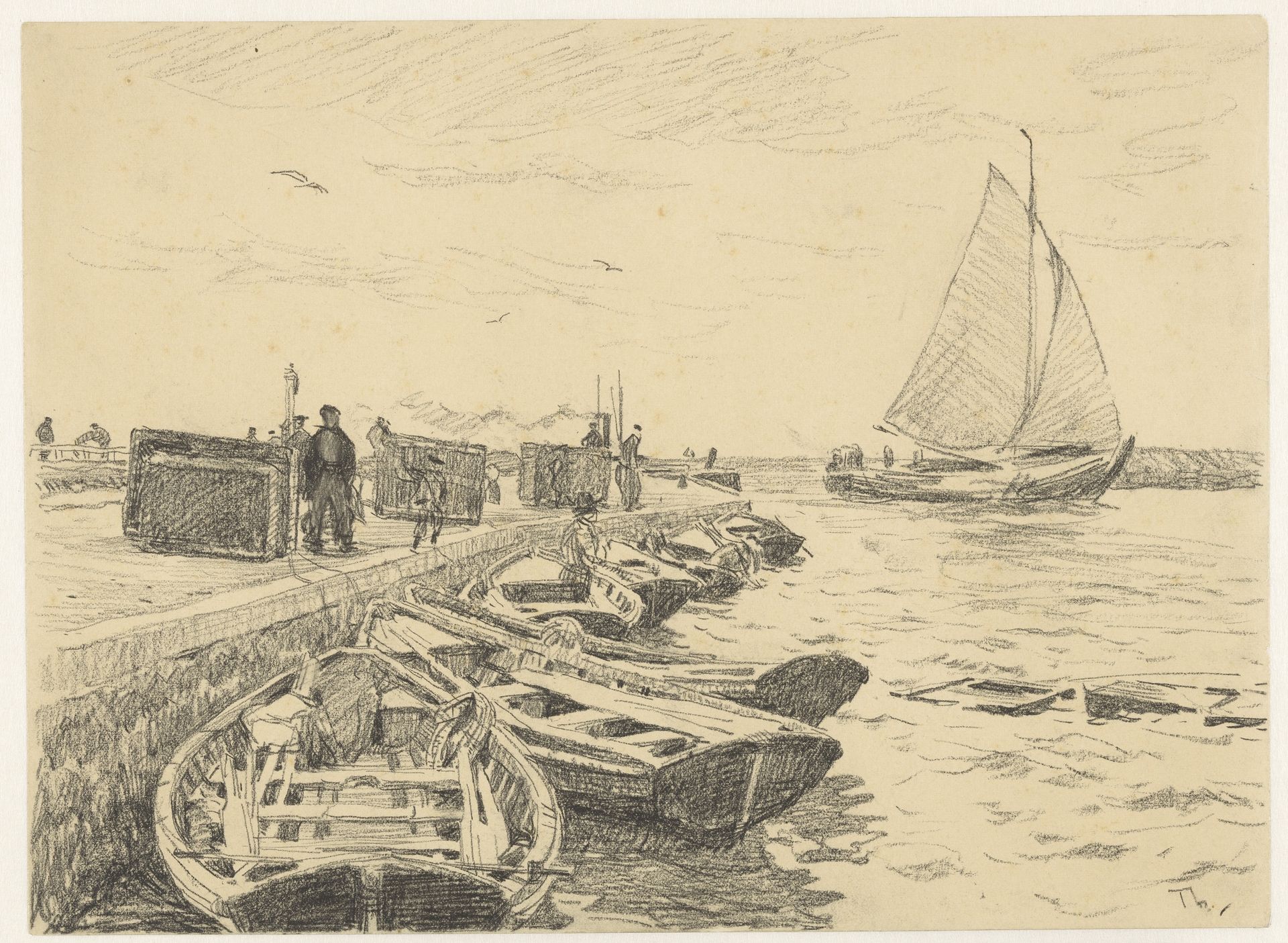 Haveningang met aangemeerde roeiboten by Willem Bastiaan Tholen