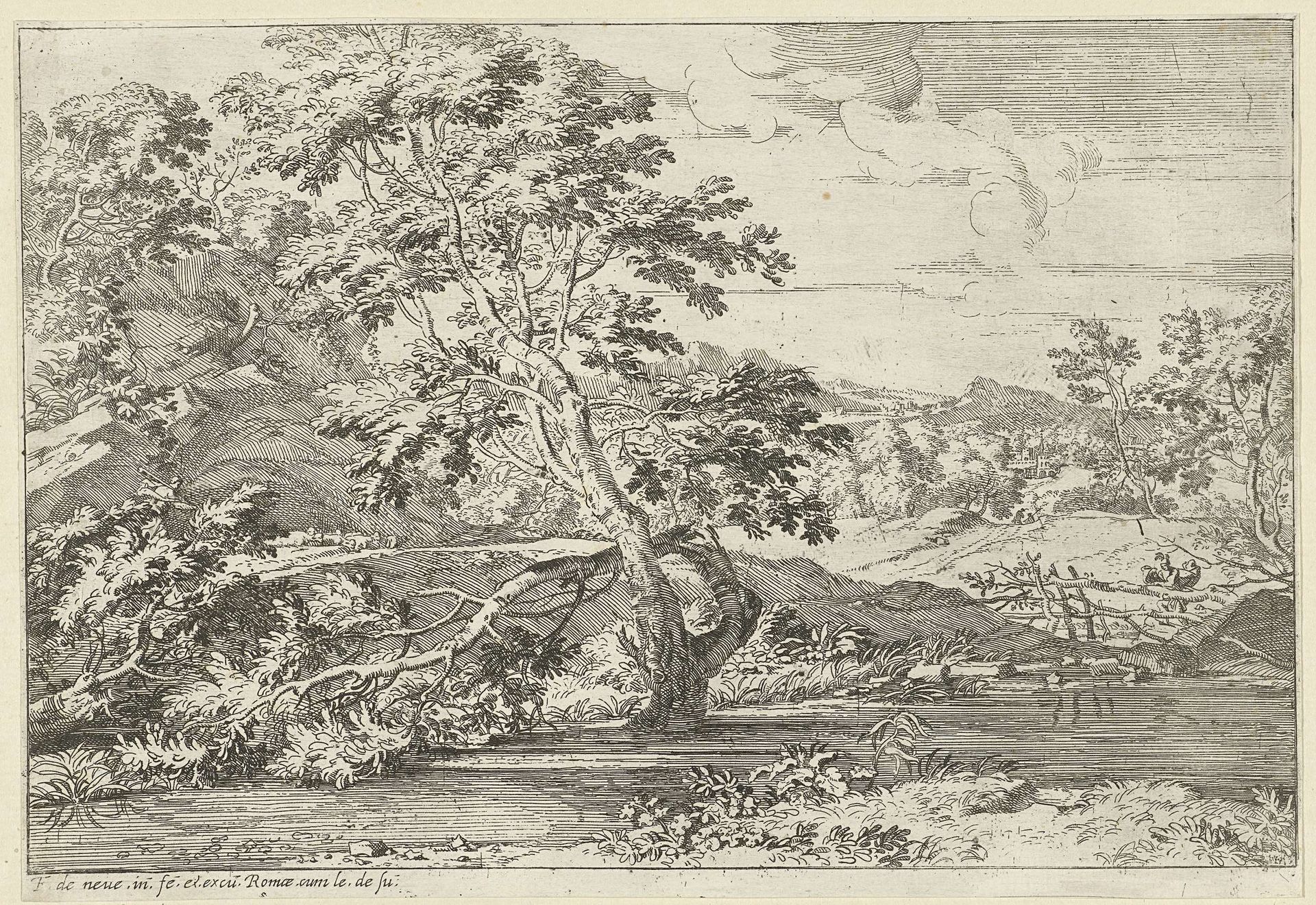 Landschap met een boom in het water by Franciscus de Neve