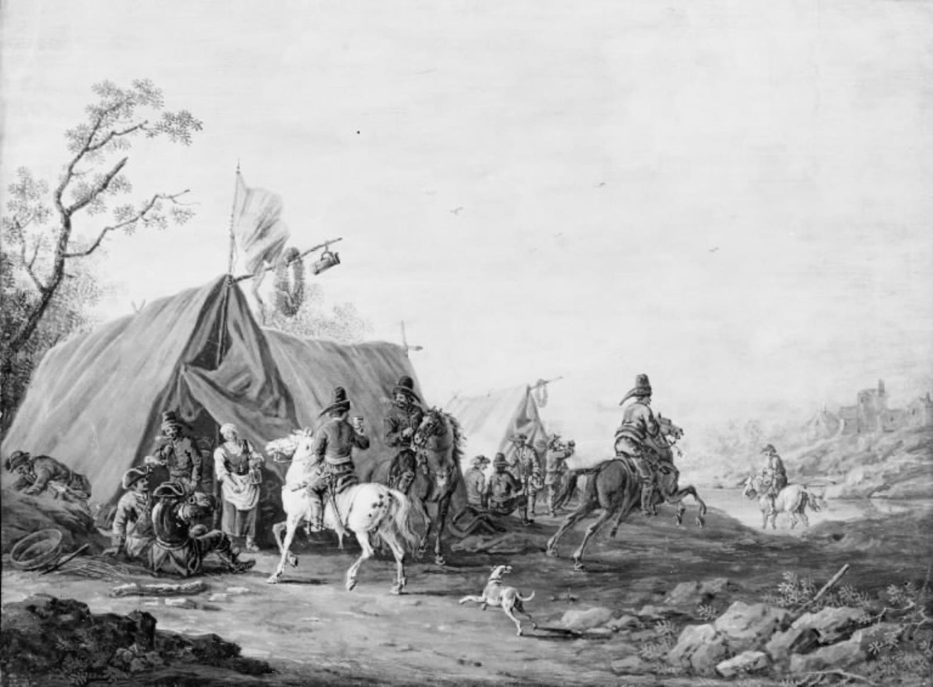 Ryttere ved to telte i kuperet terræn by F.C. van Bracht