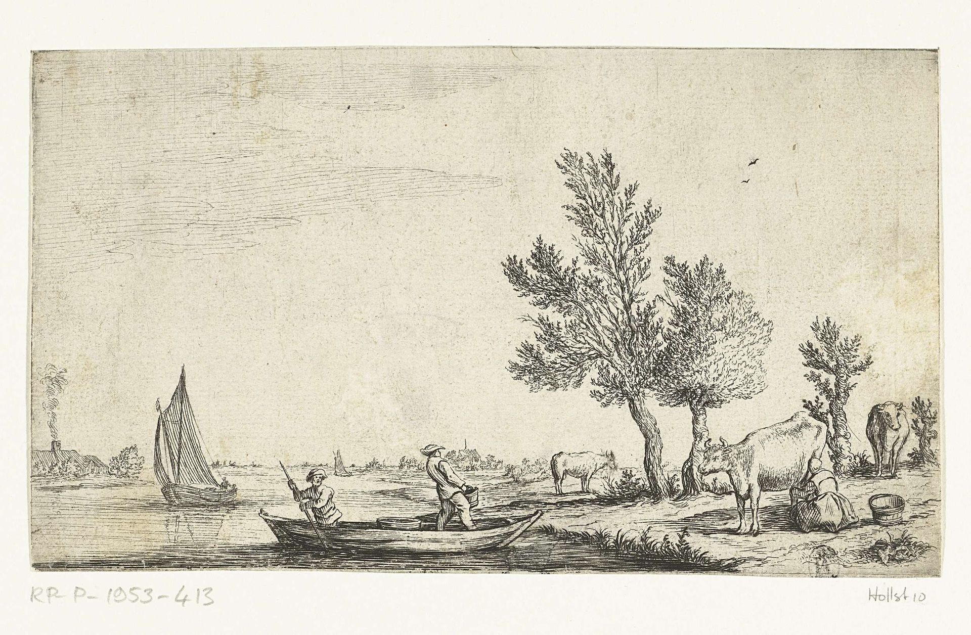 Rivierlandschap met twee mannen in een roeiboot by Jan van de Cappelle