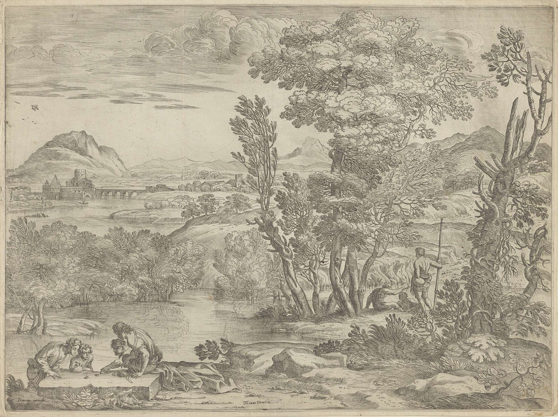 Landschap met vier dobbelaars by Giovanni Francesco Grimaldi