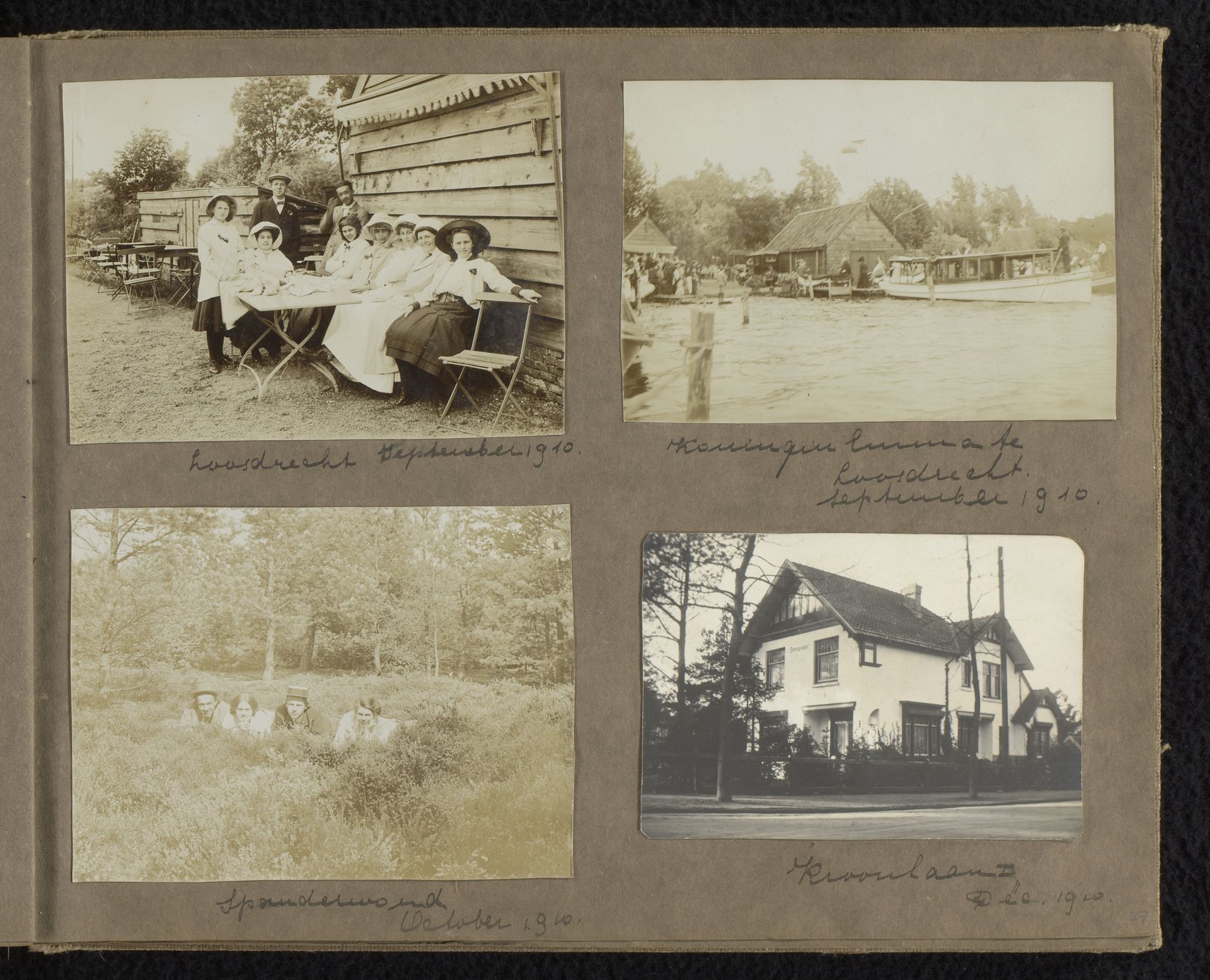 Vier foto's van Loentje Onnen met vrienden in Loosdrecht en het Spanderswoud, koningin-moeder Emma te Loosdrecht en huis Sparrenhoek aan de Kroonlaan te Hilversum by Carolina (Loentje) Frederika Onnen