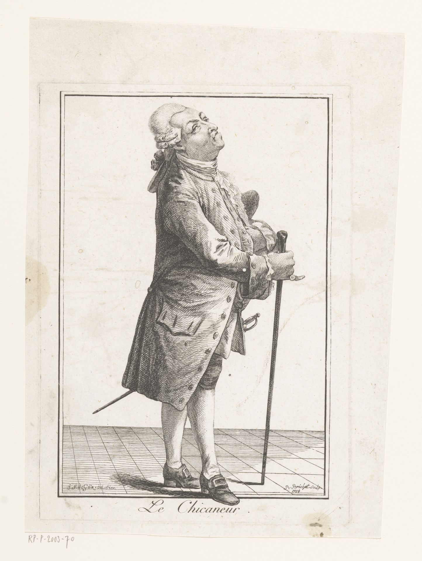 Heer met wandelstok op een tegelvloer by Robert Brichet