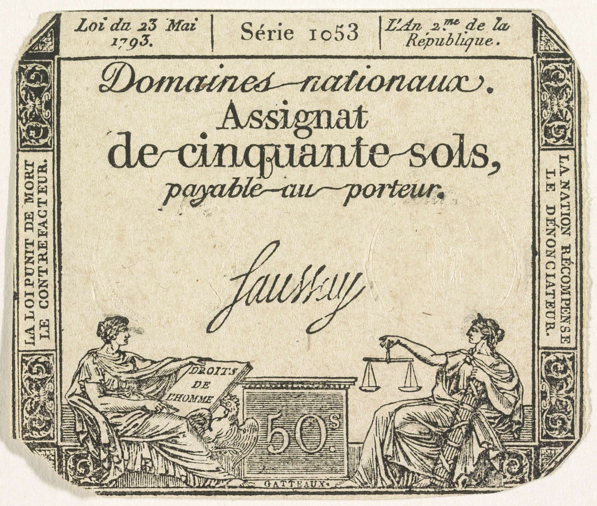 Assignaat van 50 sols, 1793 by Nicolas Marie Gatteaux