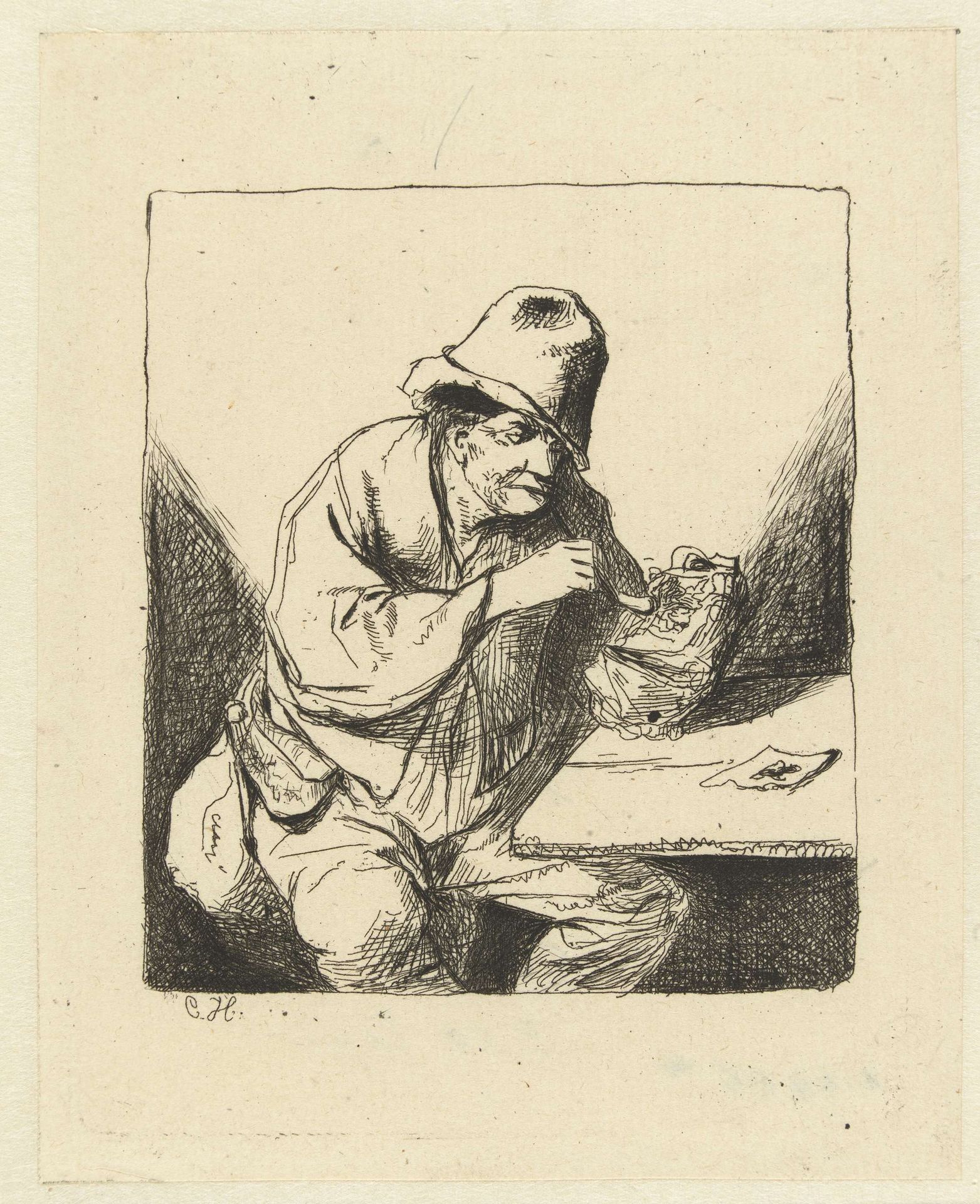 Zittende man steekt pijp aan by Monogrammist CH (graveur 2)