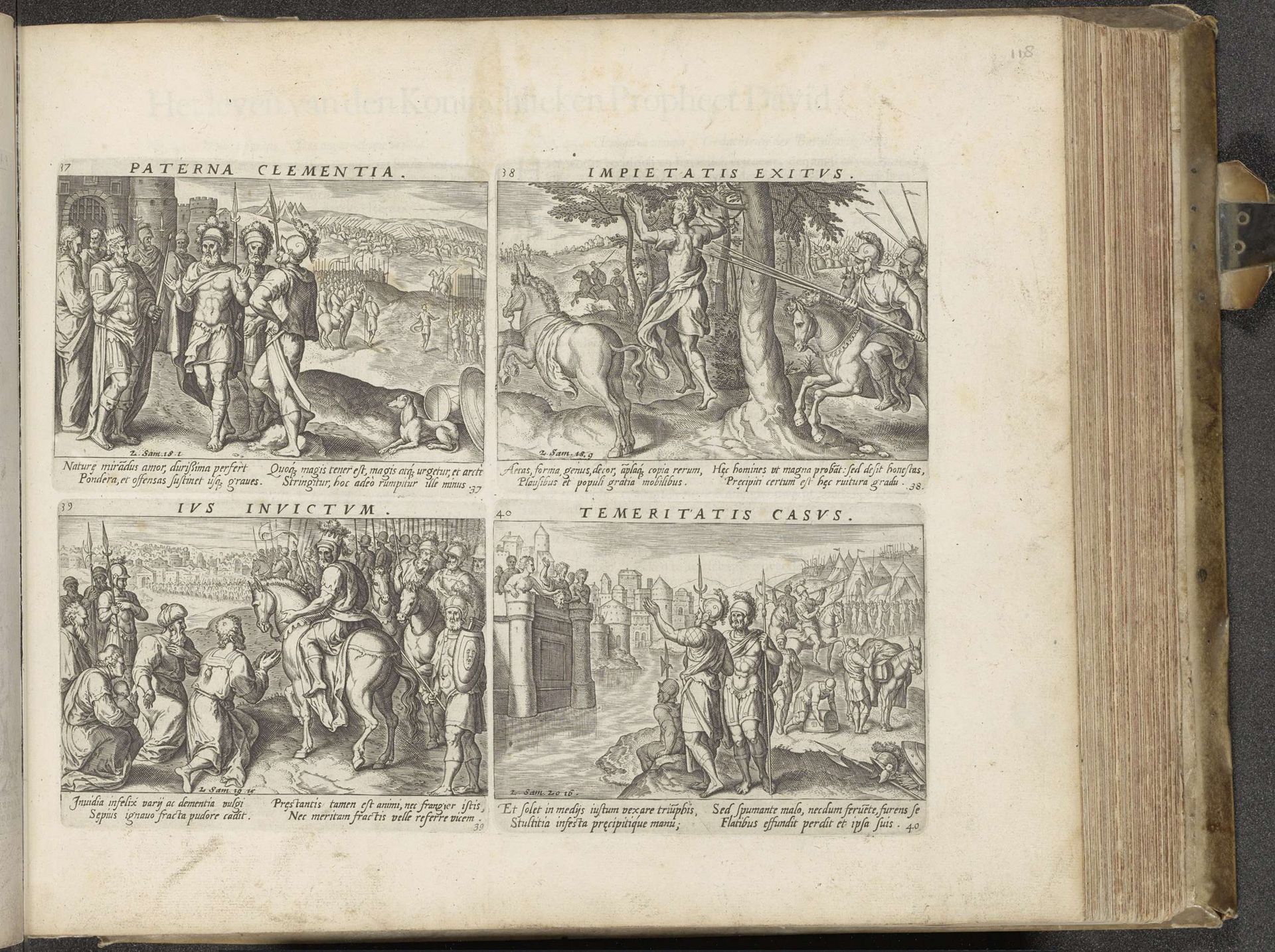 David verdeelt zijn leger in drieën / Dood van Absalom / Terugkeer van David naar Jeruzalem / Joab krijgt het hoofd van Seba aangereikt by Johann Sadeler I