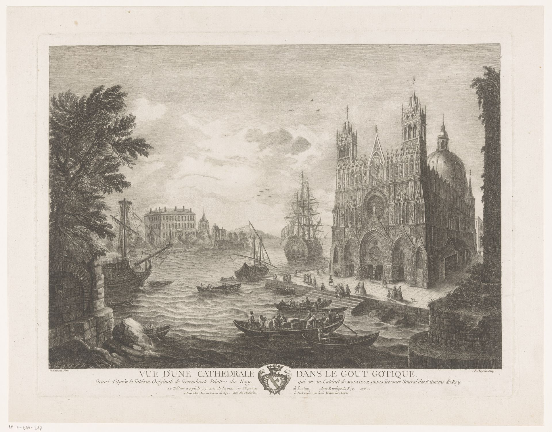 Gezicht op een kathedraal in een havenstad by Jean Moyreau