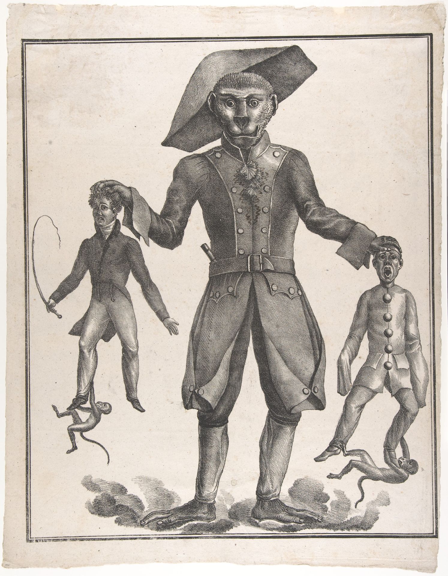 A Giant Monkey in Uniform Holding up Pierrot and a Man with a Whip by Anonymous