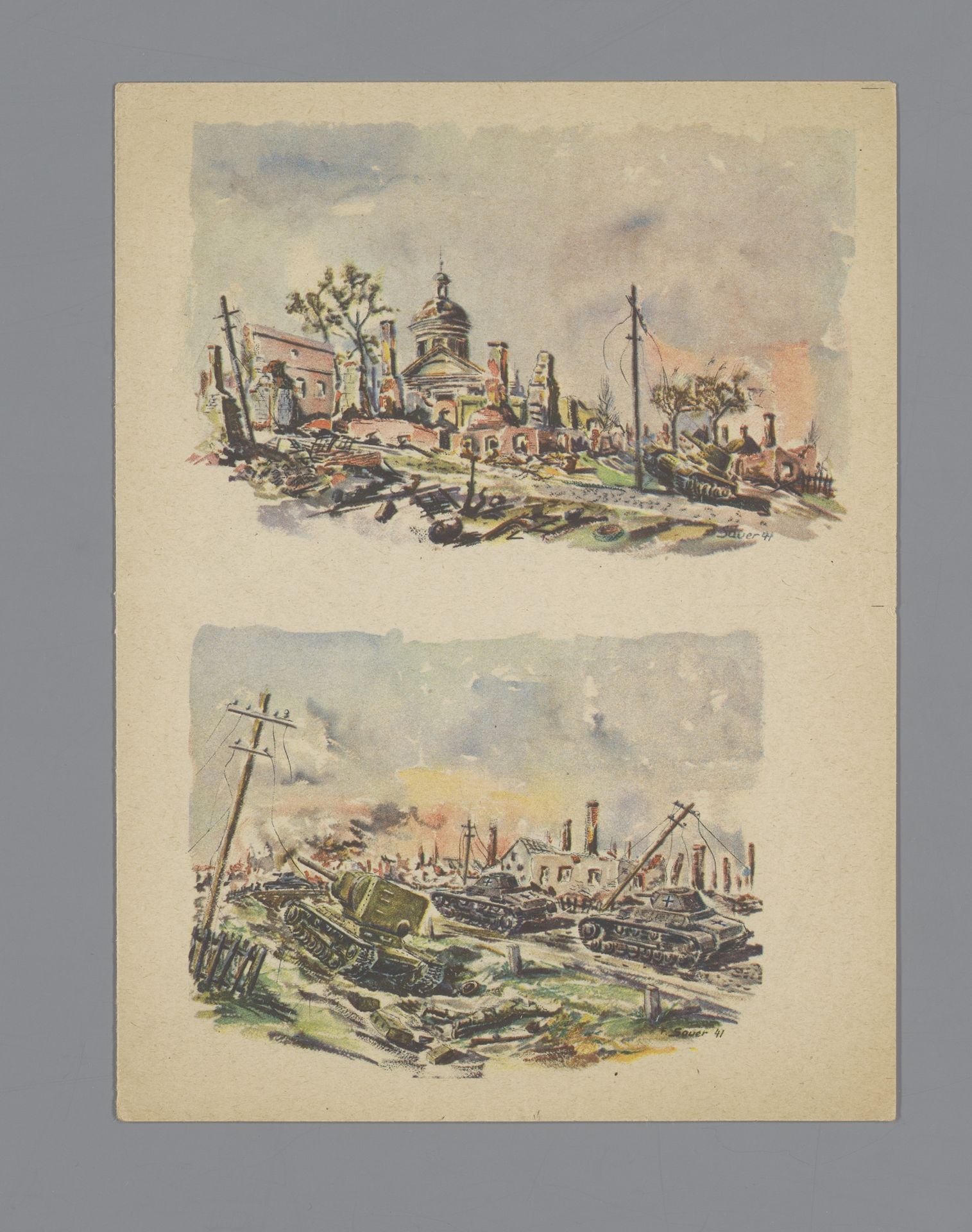 Prentbriefkaarten van de Feldpost met oorlogsscènes by F. Sauer