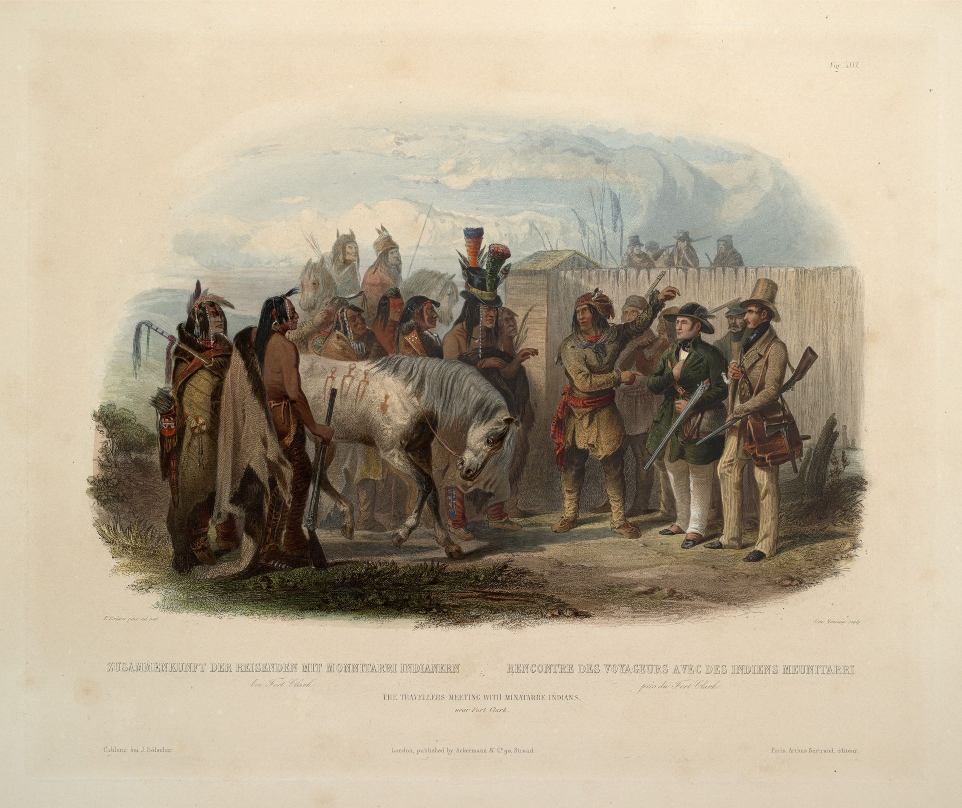 The Travellers Meeting with Minatarre Indians near Fort Clark, plate 26 from Volume 1 of 'Travels in the Interior of North America' by Karl Bodmer