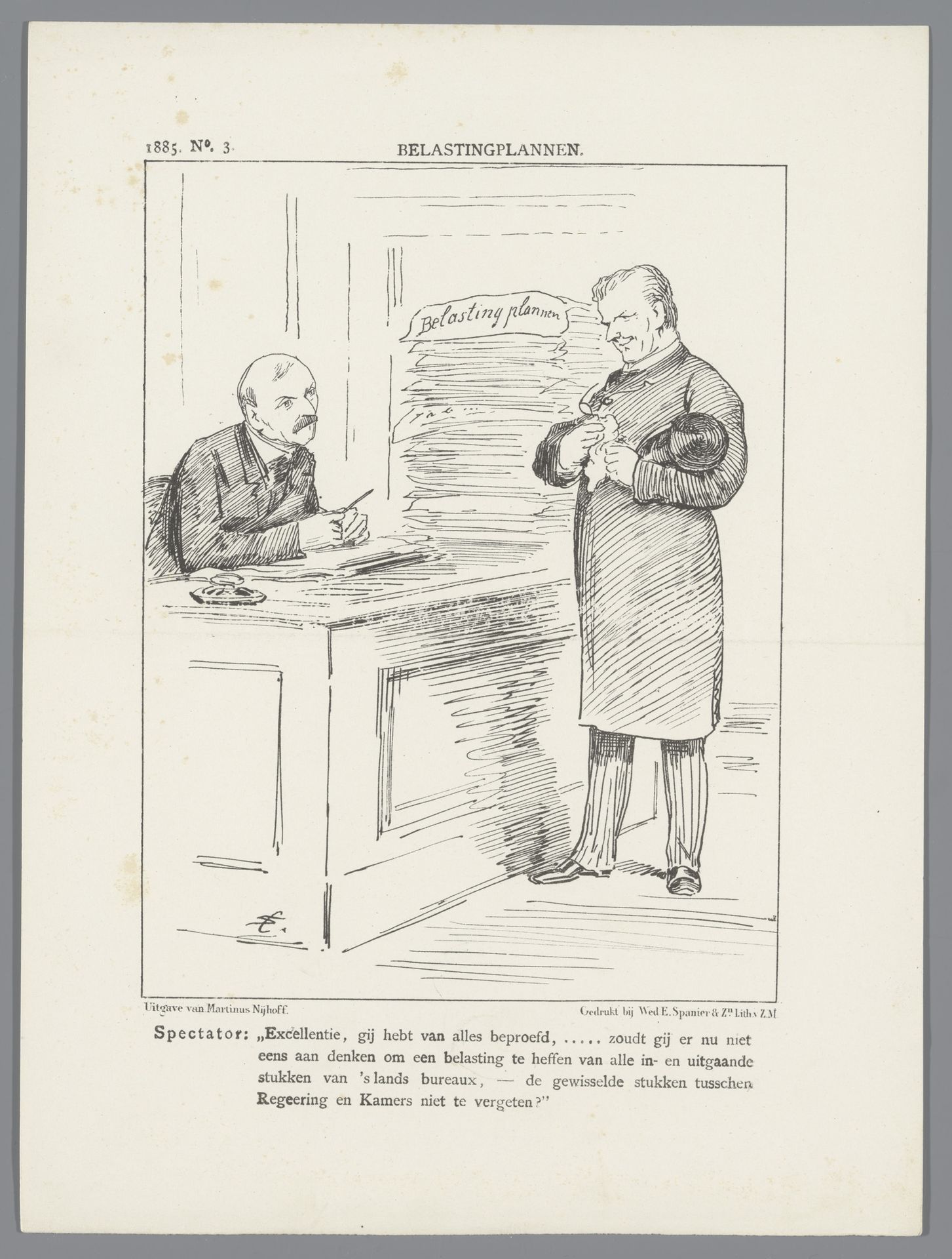 Spotprent over de belastingplannen, 1885 by Johan Michaël Schmidt Crans
