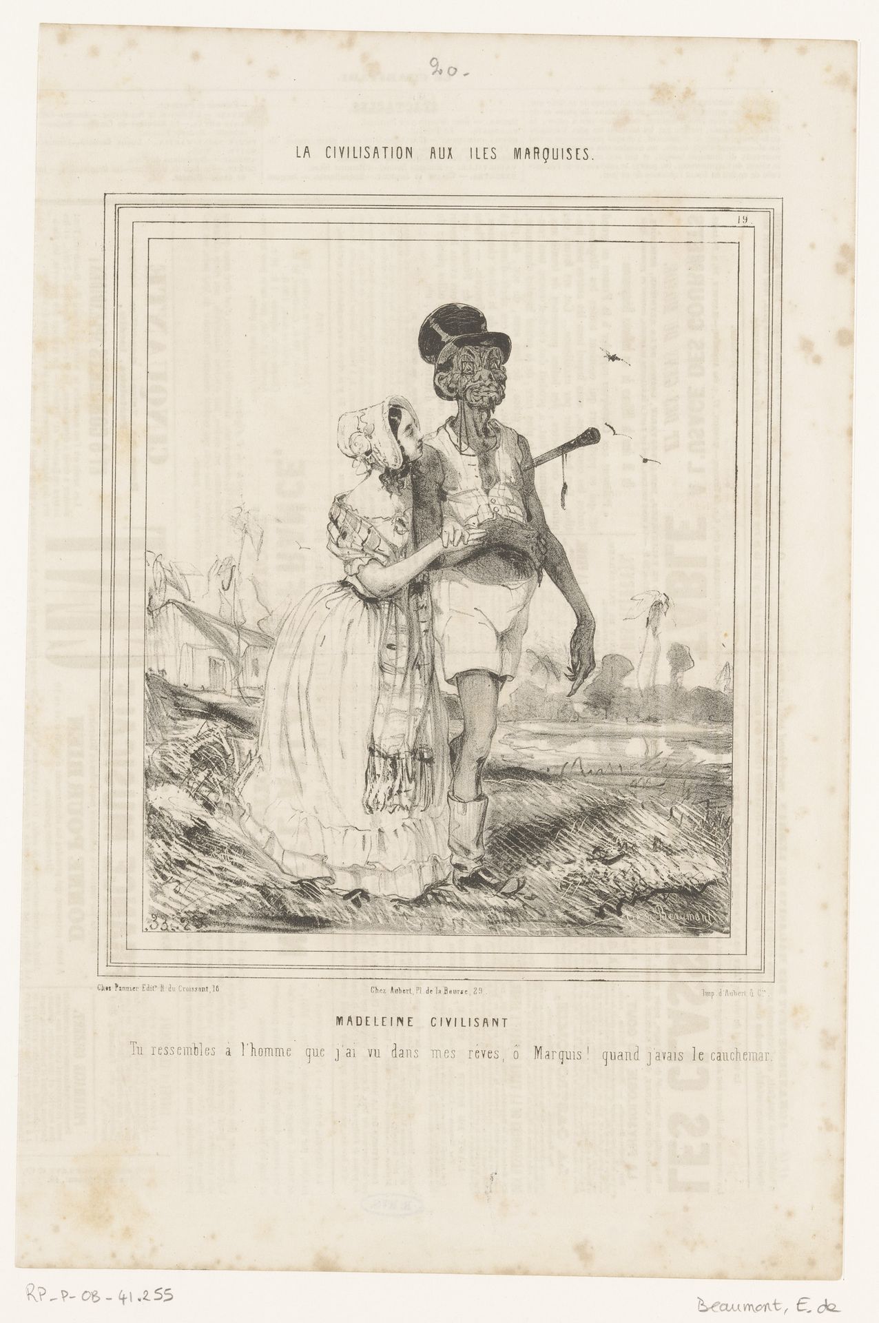 Karikatuur van een Frans-Polynesische man met een Franse dame by Edouard de Beaumont