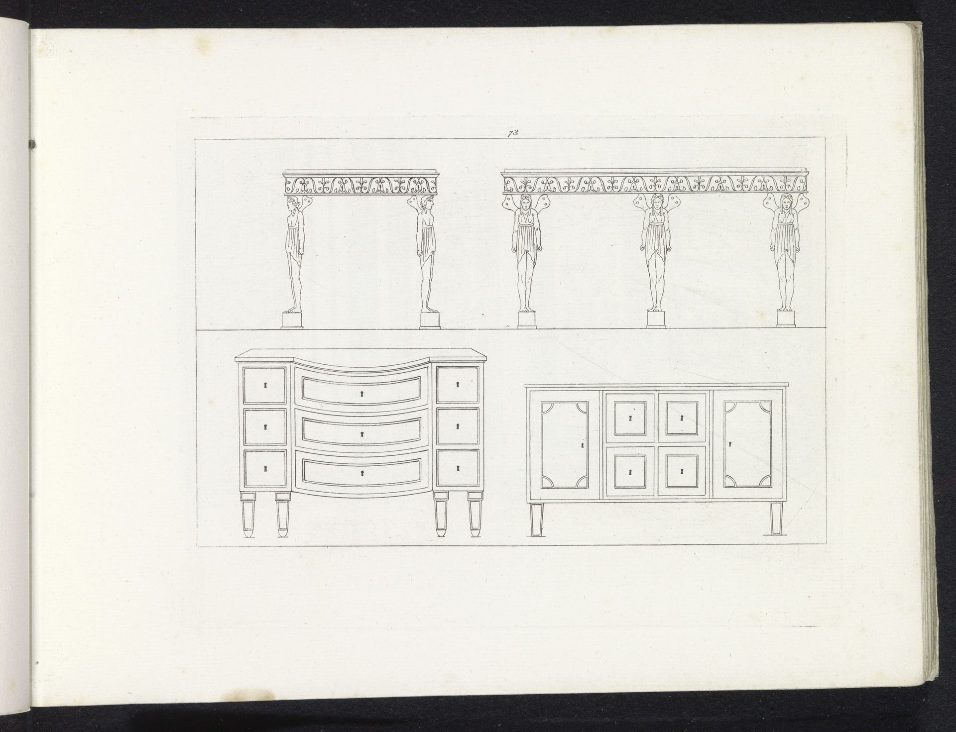 Twee aanzichten van een tafel en twee kasten by Pietro Ruga