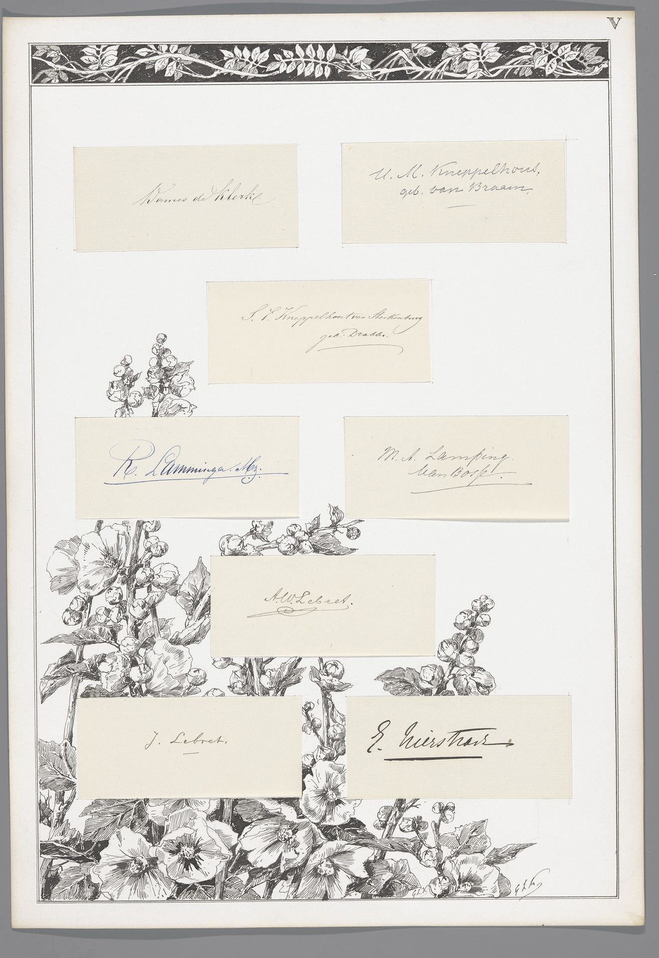 Acht handtekeningen geplakt op een blad met stokrozen en decoratieve rand by George Lourens Kiers