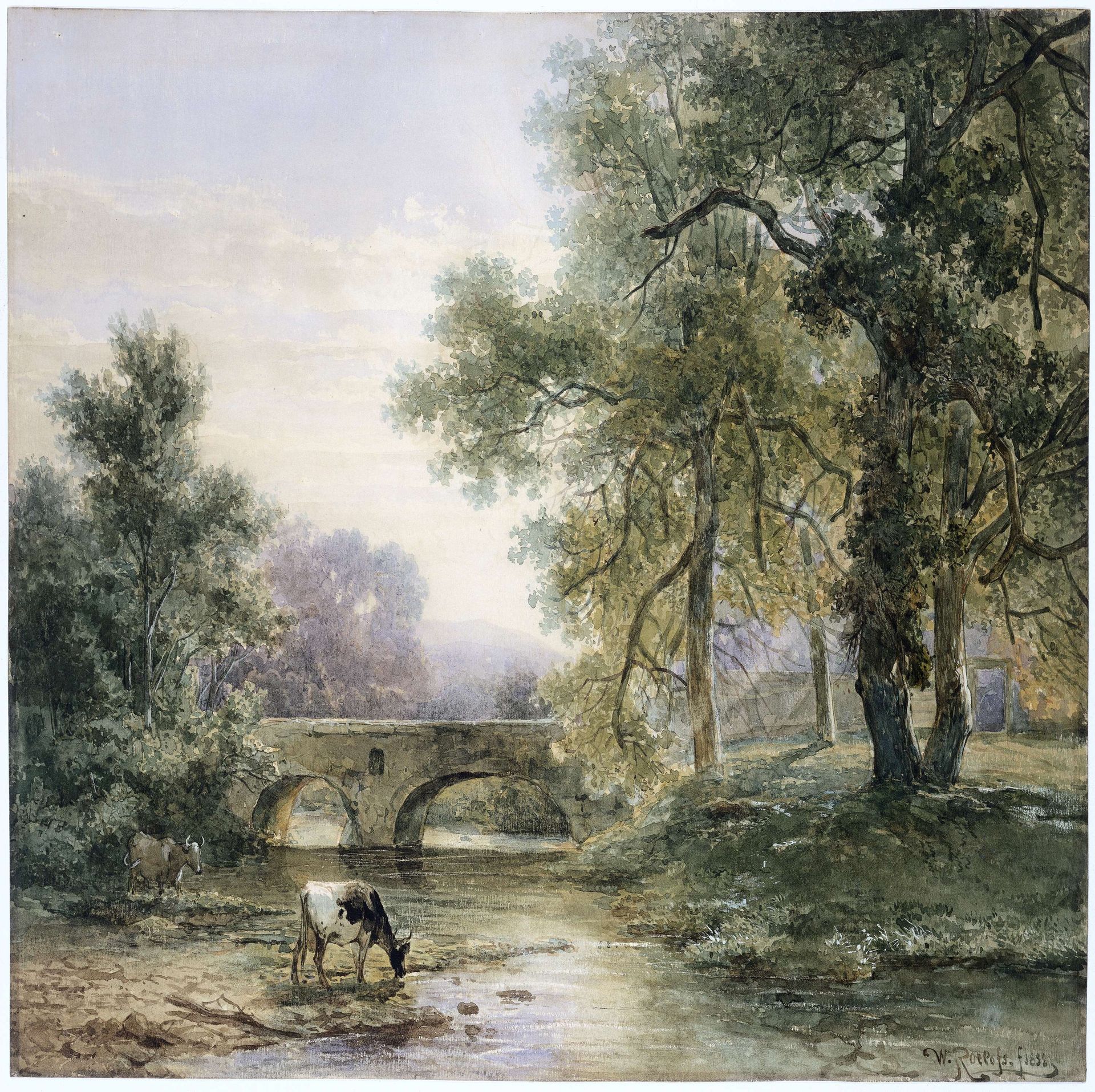 Boomrijk landschap met stenen brug over een rivier by Willem Roelofs