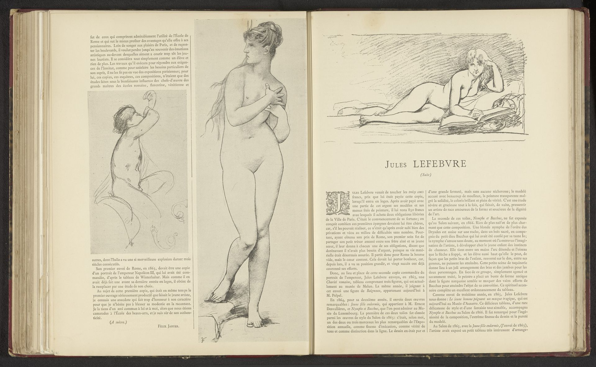 Fotoreproductie van twee tekeningen door vermoedelijk Jules Joseph Lefebvre, voorstellend een figuur die op een hoorn blaast en vermoedelijk Selene by Anonymous