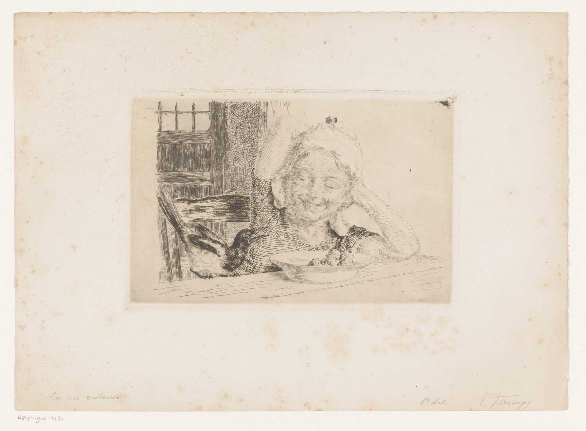 Meisje aan een tafel met een bord eten en een ekster by Edgard Farasyn