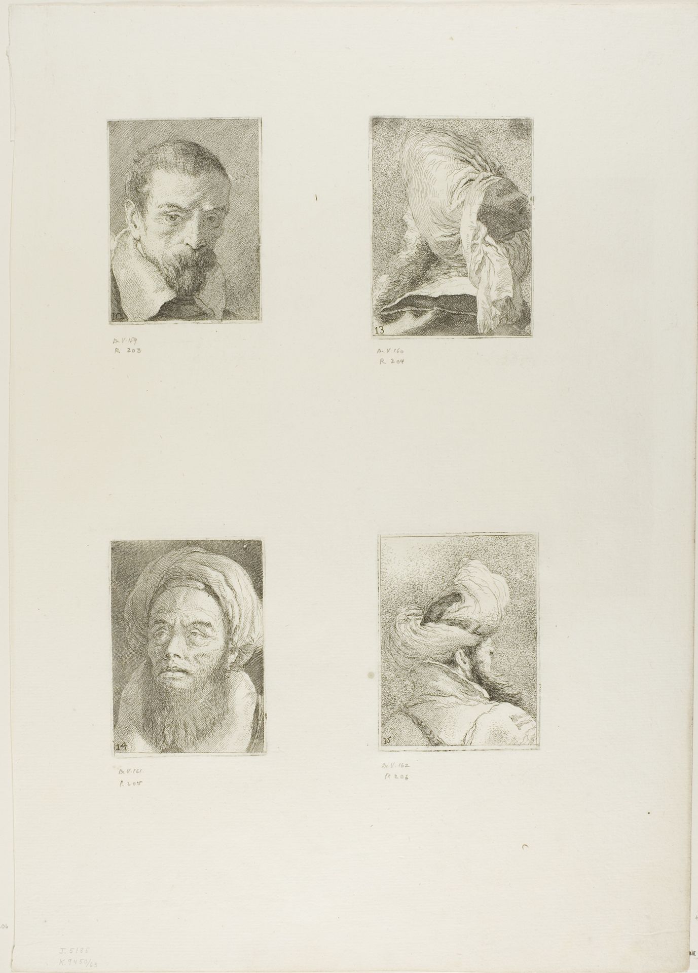 Old Man with a Beard and a Bare Head, Turk Seen from Behind, Turk with a Turban, Turk Seen from Behind by Giovanni Domenico Tiepolo