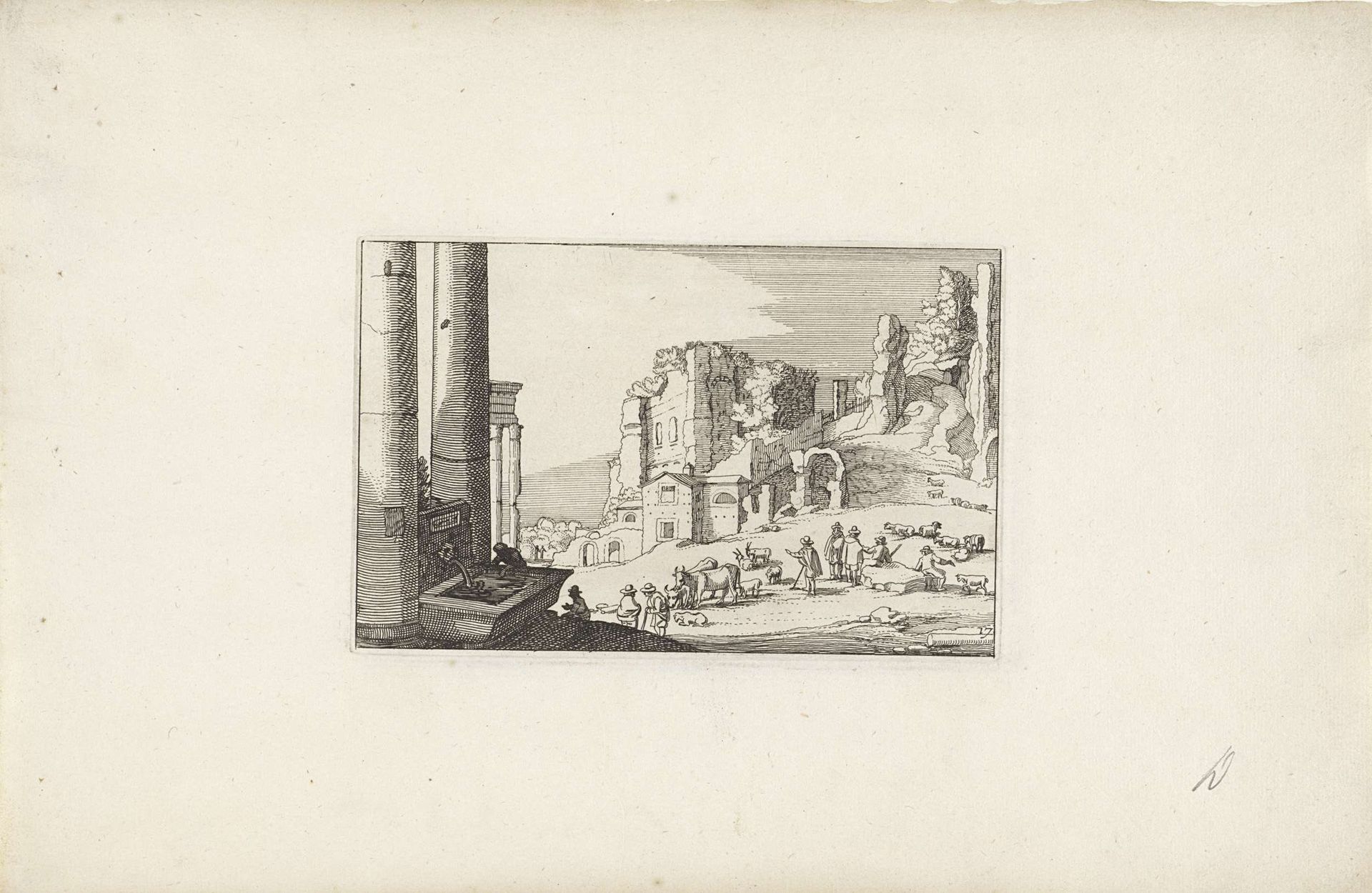 Heuvellandschap met een fontein en herders by Claes Jansz. Visscher