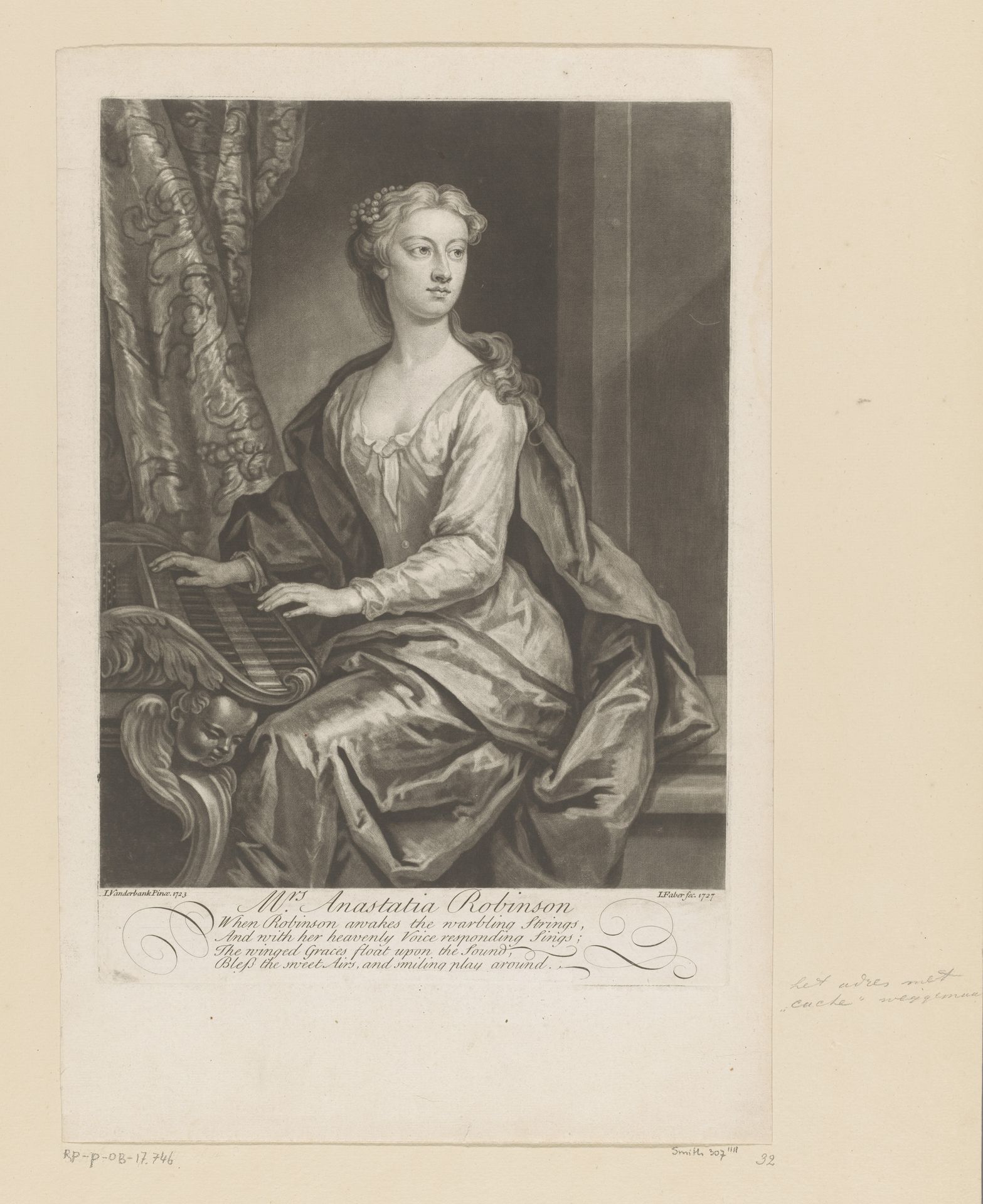 Portret van Anastasia Robinson by John (II) Faber